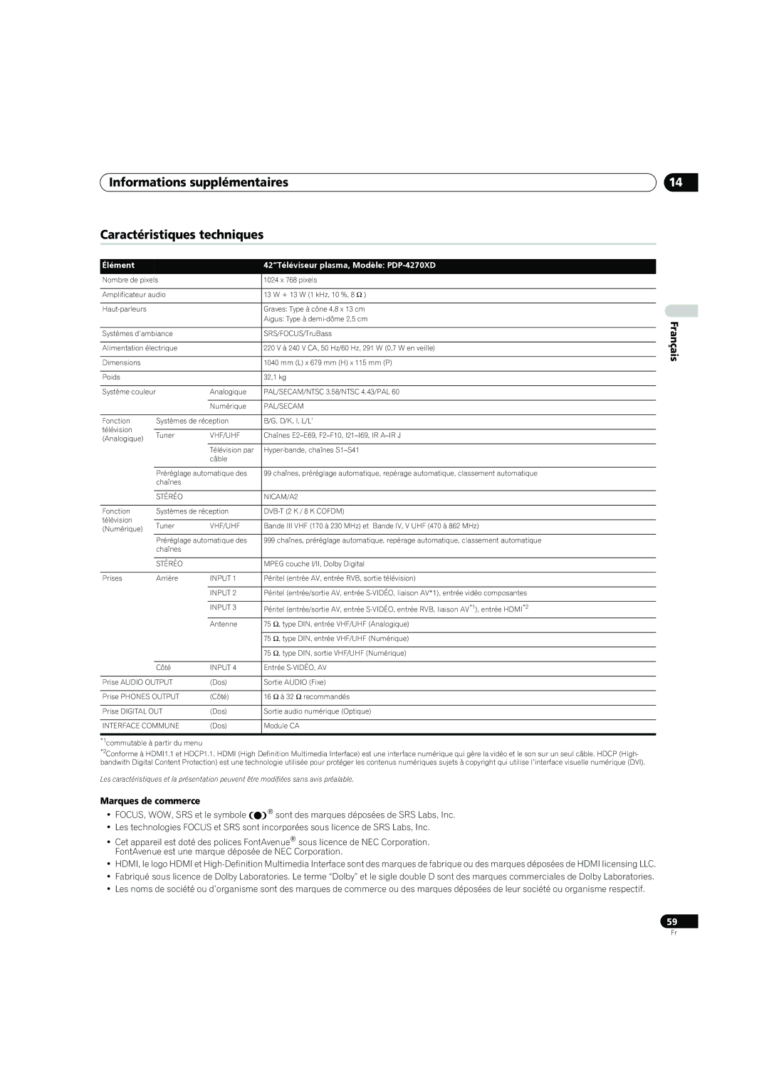 Pioneer PDP-4270XD manual Informations supplémentaires Caractéristiques techniques, Marques de commerce 