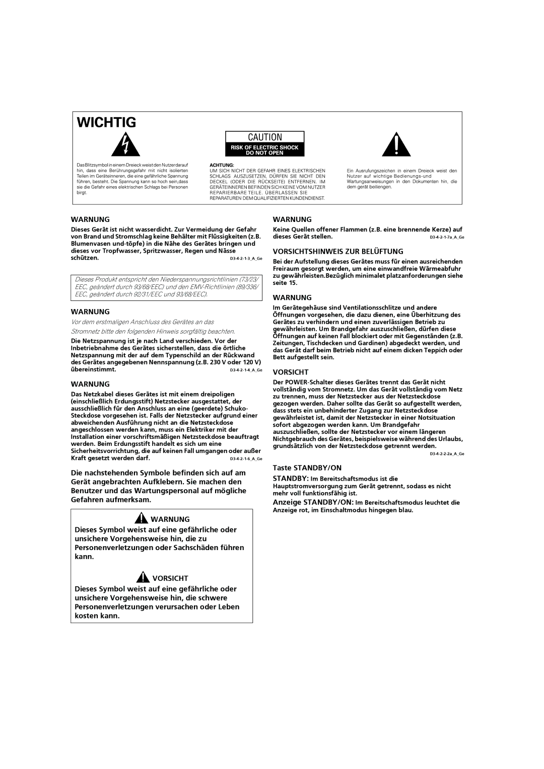 Pioneer PDP-4270XD manual Warnung, Taste STANDBY/ON 
