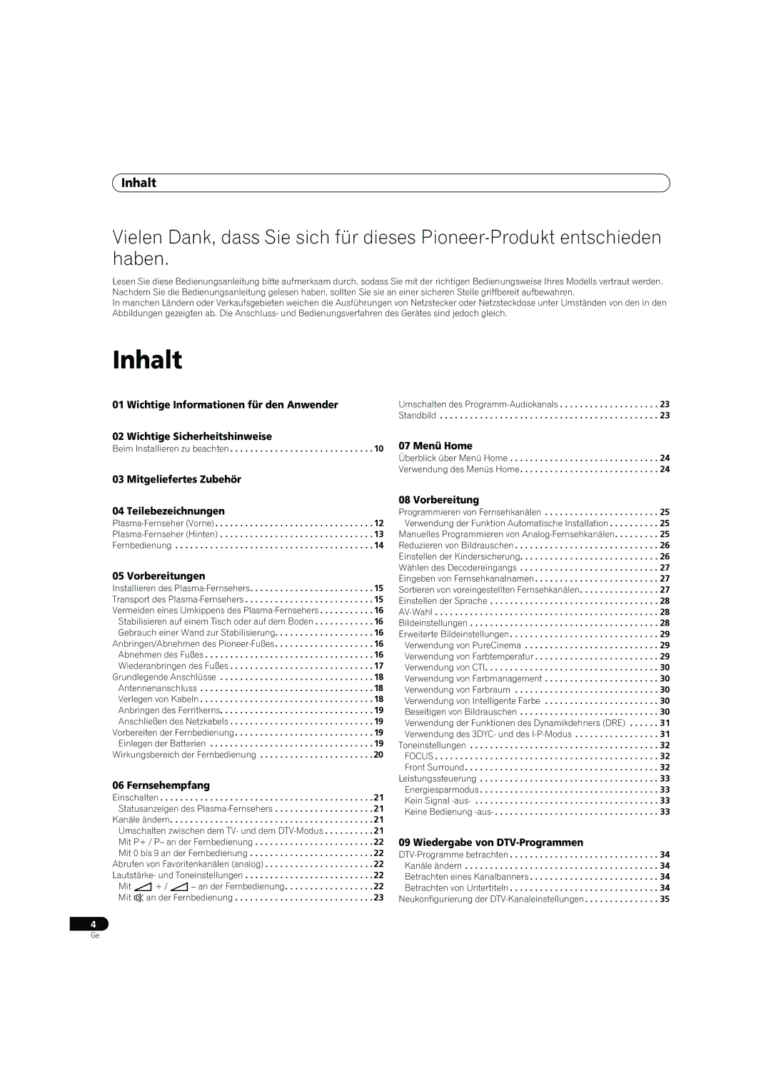 Pioneer PDP-4270XD manual Inhalt 