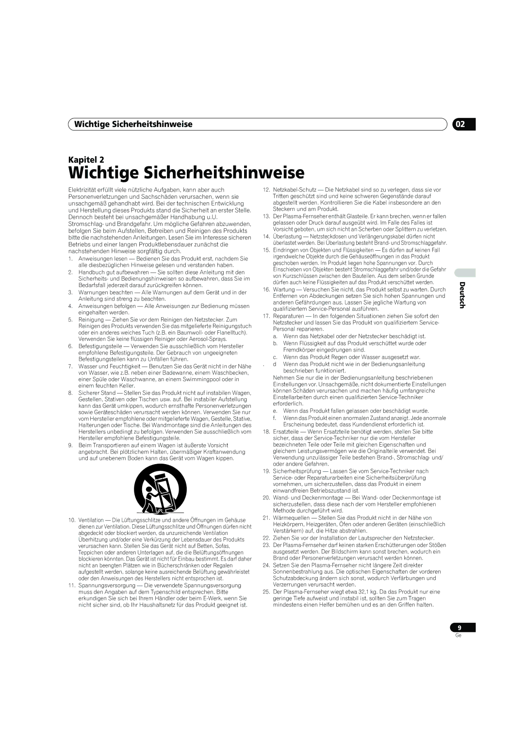 Pioneer PDP-4270XD manual Wichtige Sicherheitshinweise Kapitel 