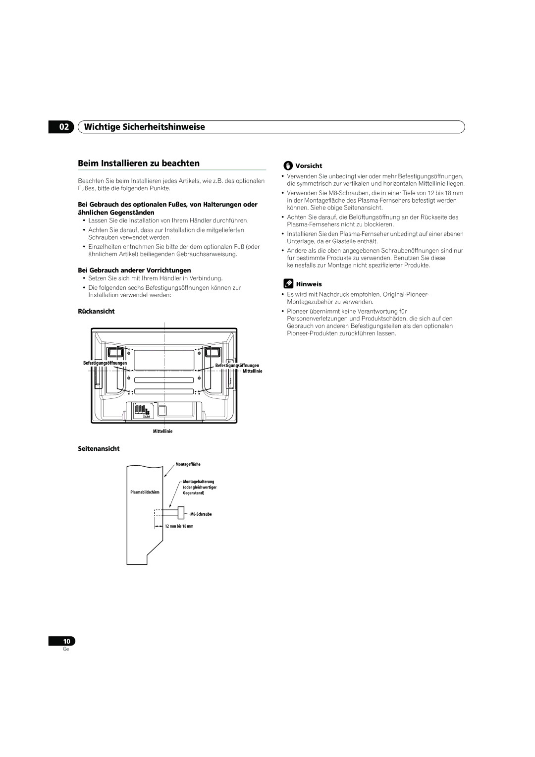 Pioneer PDP-4270XD manual Wichtige Sicherheitshinweise Beim Installieren zu beachten, Bei Gebrauch anderer Vorrichtungen 