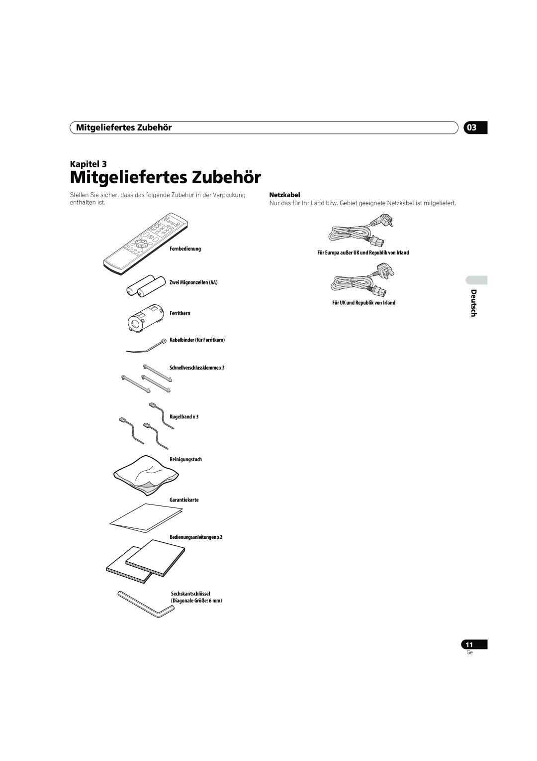 Pioneer PDP-4270XD manual Mitgeliefertes Zubehör Kapitel, Netzkabel 