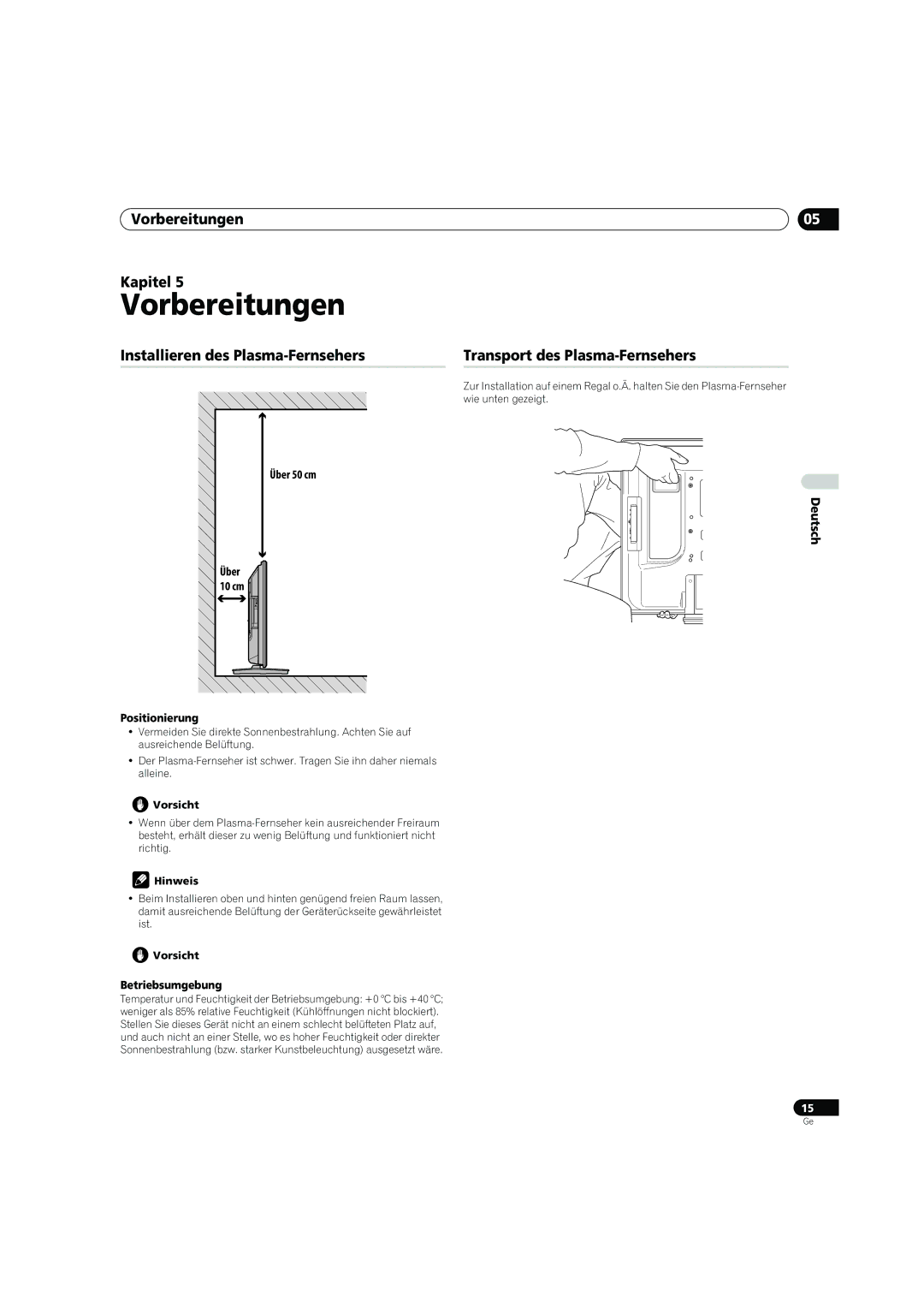 Pioneer PDP-4270XD manual Vorbereitungen Kapitel, Über 50 cm 10 cm, Positionierung, Betriebsumgebung 