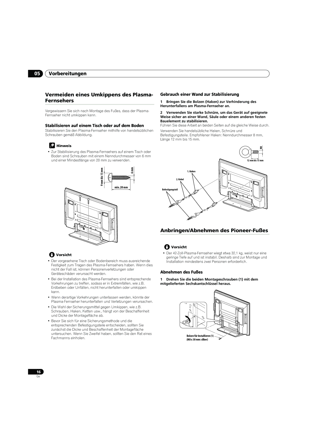 Pioneer PDP-4270XD manual Anbringen/Abnehmen des Pioneer-Fußes, Stabilisieren auf einem Tisch oder auf dem Boden 