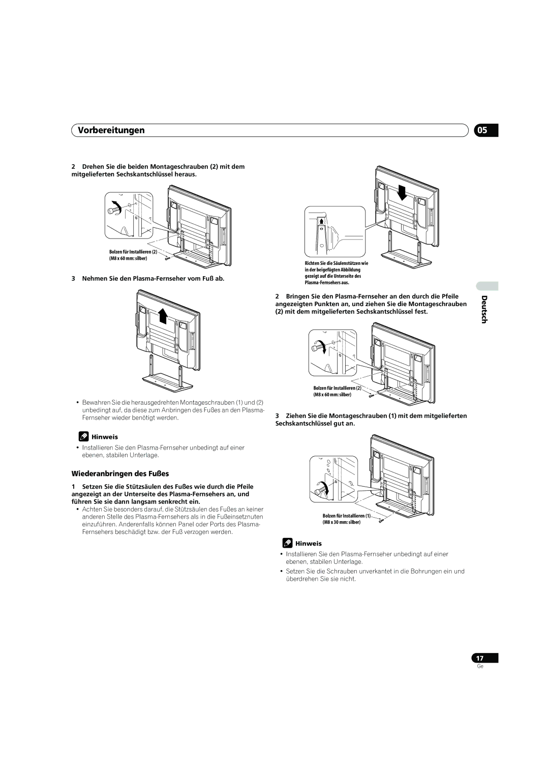 Pioneer PDP-4270XD manual Vorbereitungen, Wiederanbringen des Fußes, Nehmen Sie den Plasma-Fernseher vom Fuß ab 