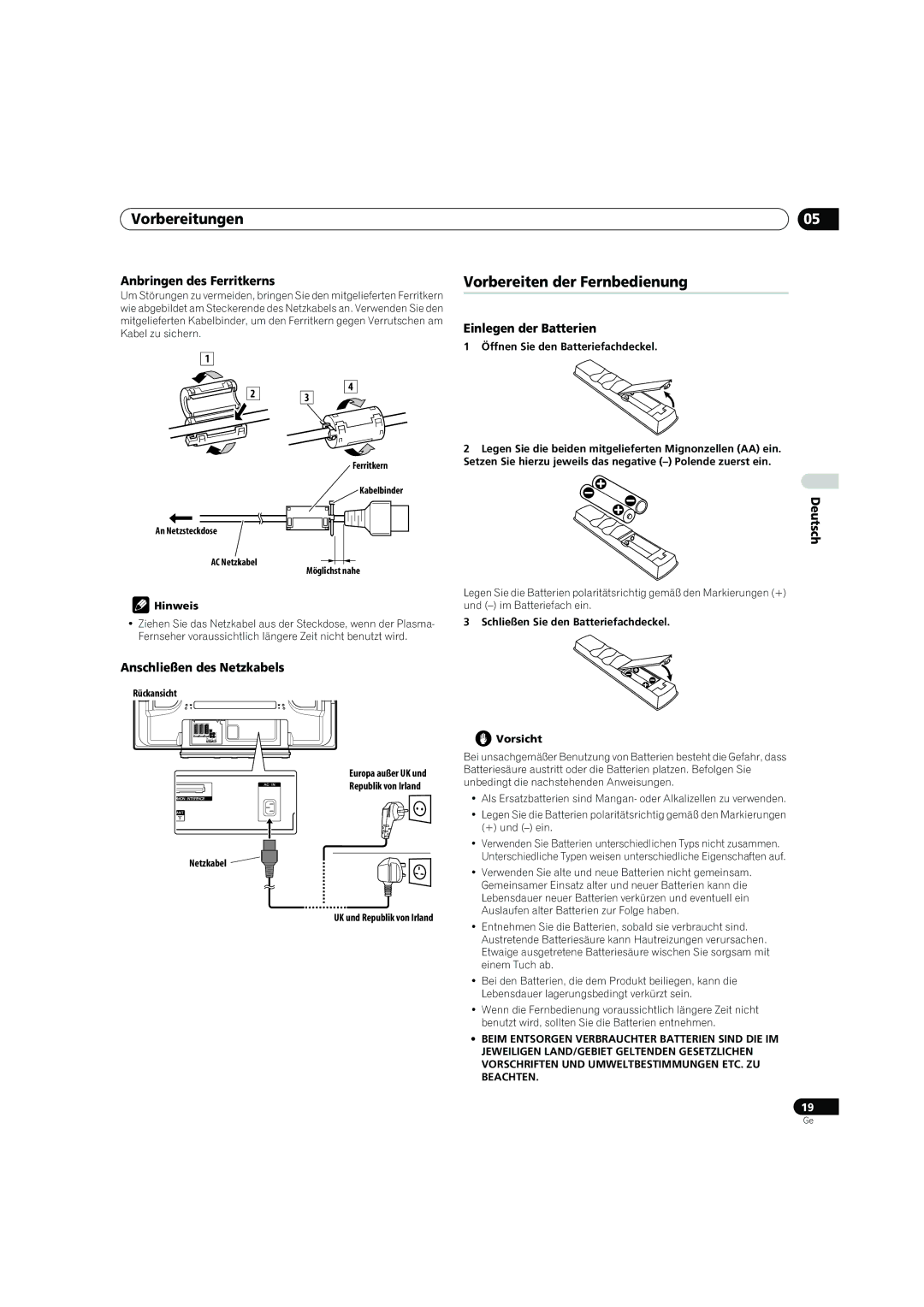 Pioneer PDP-4270XD manual Vorbereiten der Fernbedienung, Anbringen des Ferritkerns, Einlegen der Batterien 