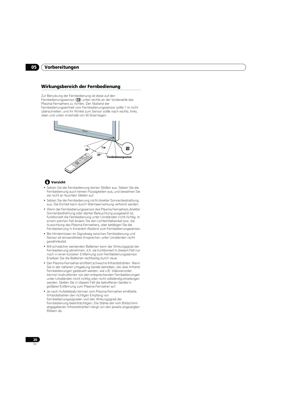 Pioneer PDP-4270XD manual Vorbereitungen Wirkungsbereich der Fernbedienung, 30 º Fernbedienungssensor Vorsicht 