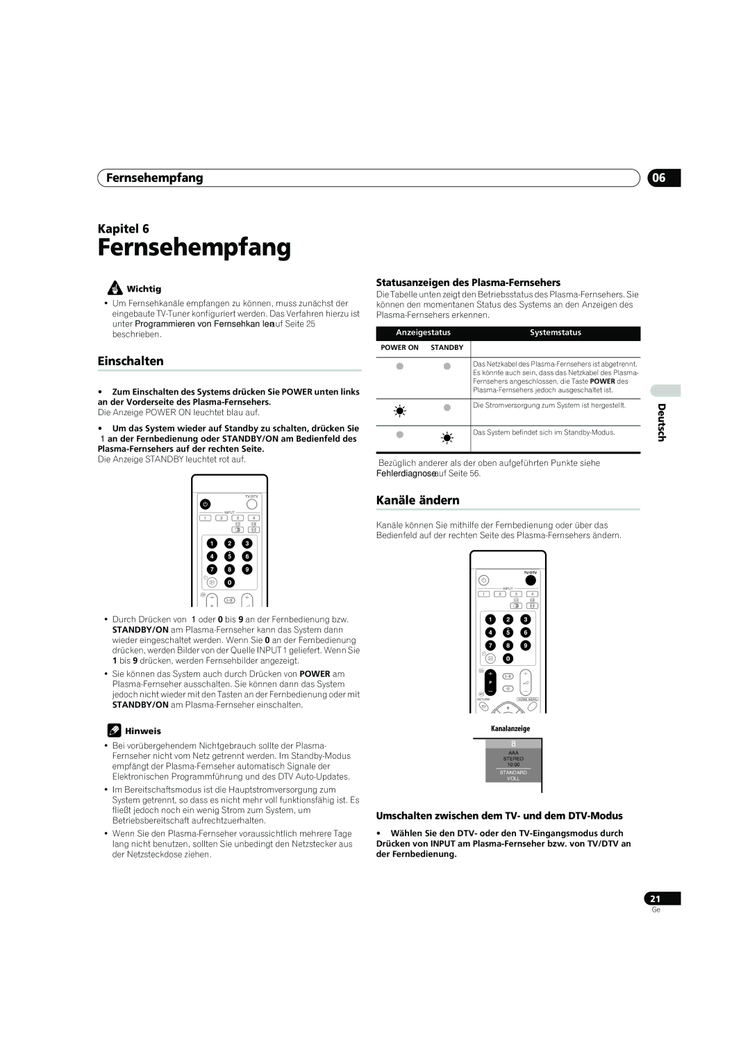 Pioneer PDP-4270XD manual Fernsehempfang Kapitel, Einschalten, Kanäle ändern 