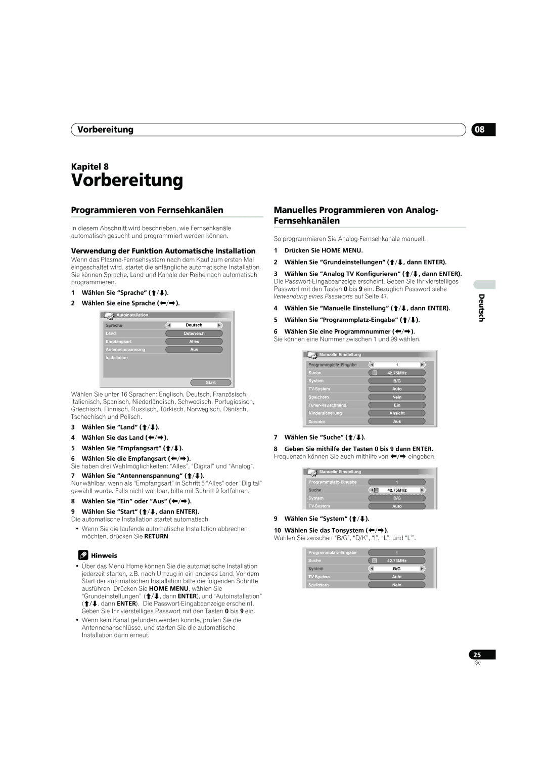 Pioneer PDP-4270XD manual Vorbereitung Kapitel, Programmieren von Fernsehkanälen 