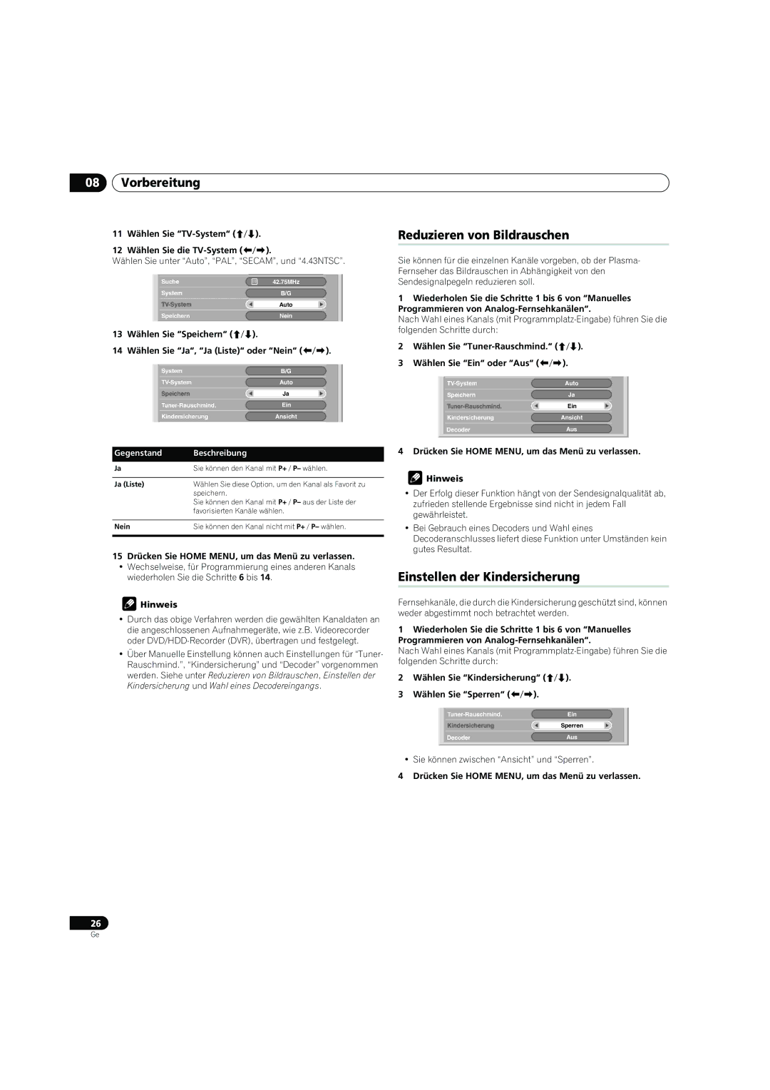 Pioneer PDP-4270XD Vorbereitung, Reduzieren von Bildrauschen, Einstellen der Kindersicherung, Gegenstand Beschreibung 