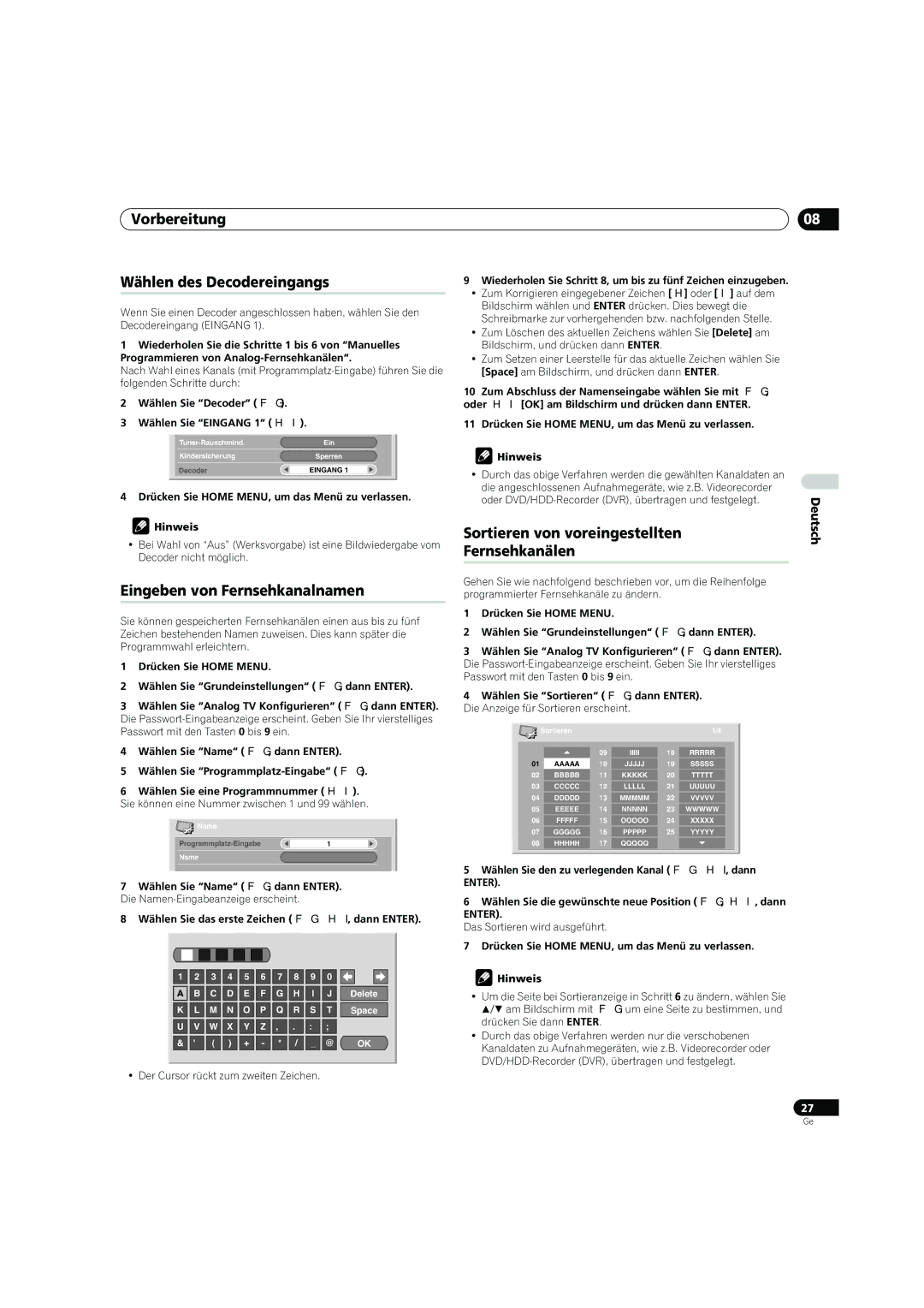 Pioneer PDP-4270XD manual Vorbereitung Wählen des Decodereingangs, Eingeben von Fernsehkanalnamen 