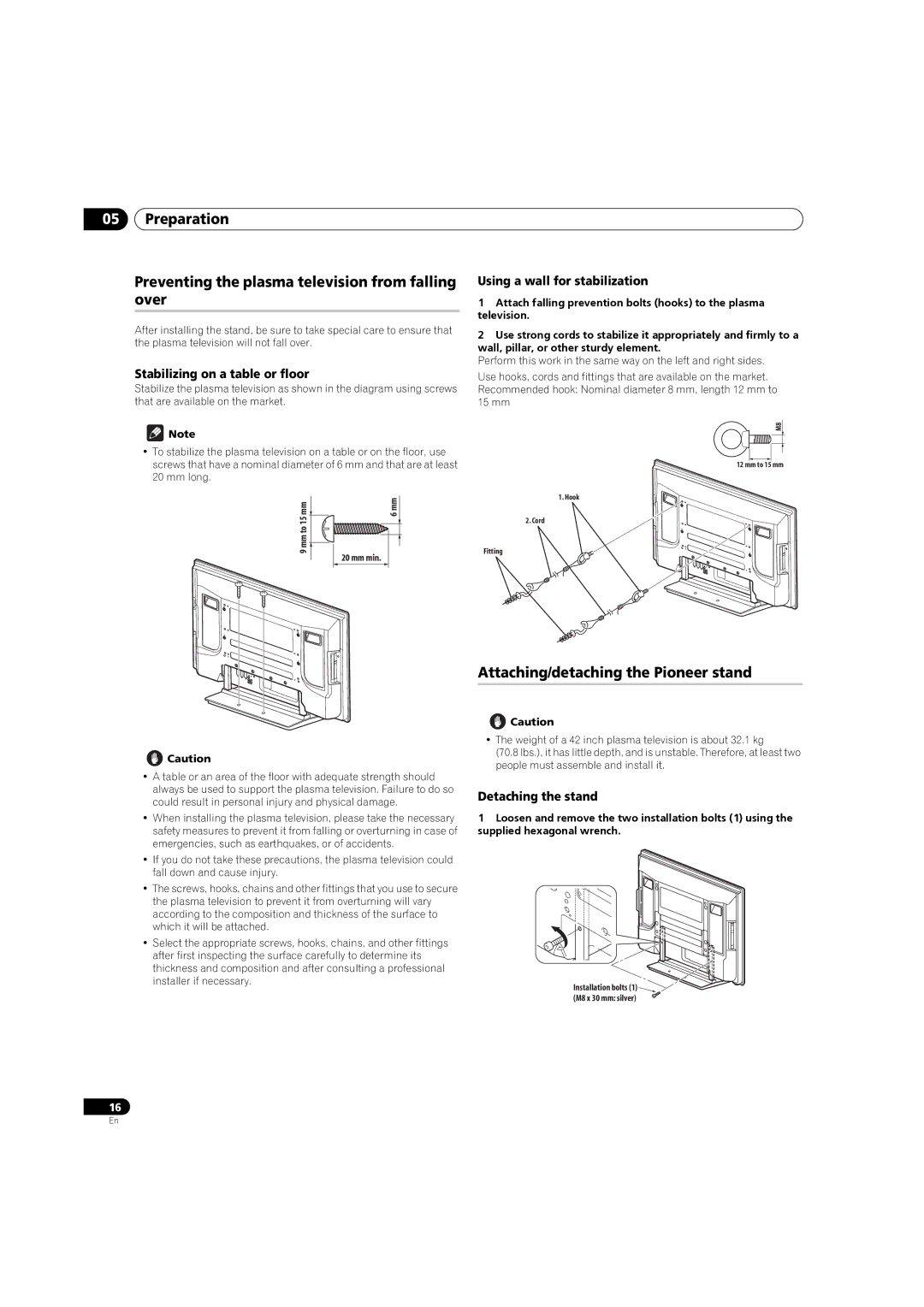 Pioneer PDP-4270XD Attaching/detaching the Pioneer stand, Stabilizing on a table or floor, Using a wall for stabilization 