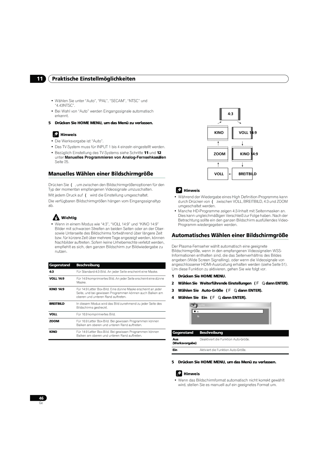 Pioneer PDP-4270XD manual Praktische Einstellmöglichkeiten, Manuelles Wählen einer Bildschirmgröße 