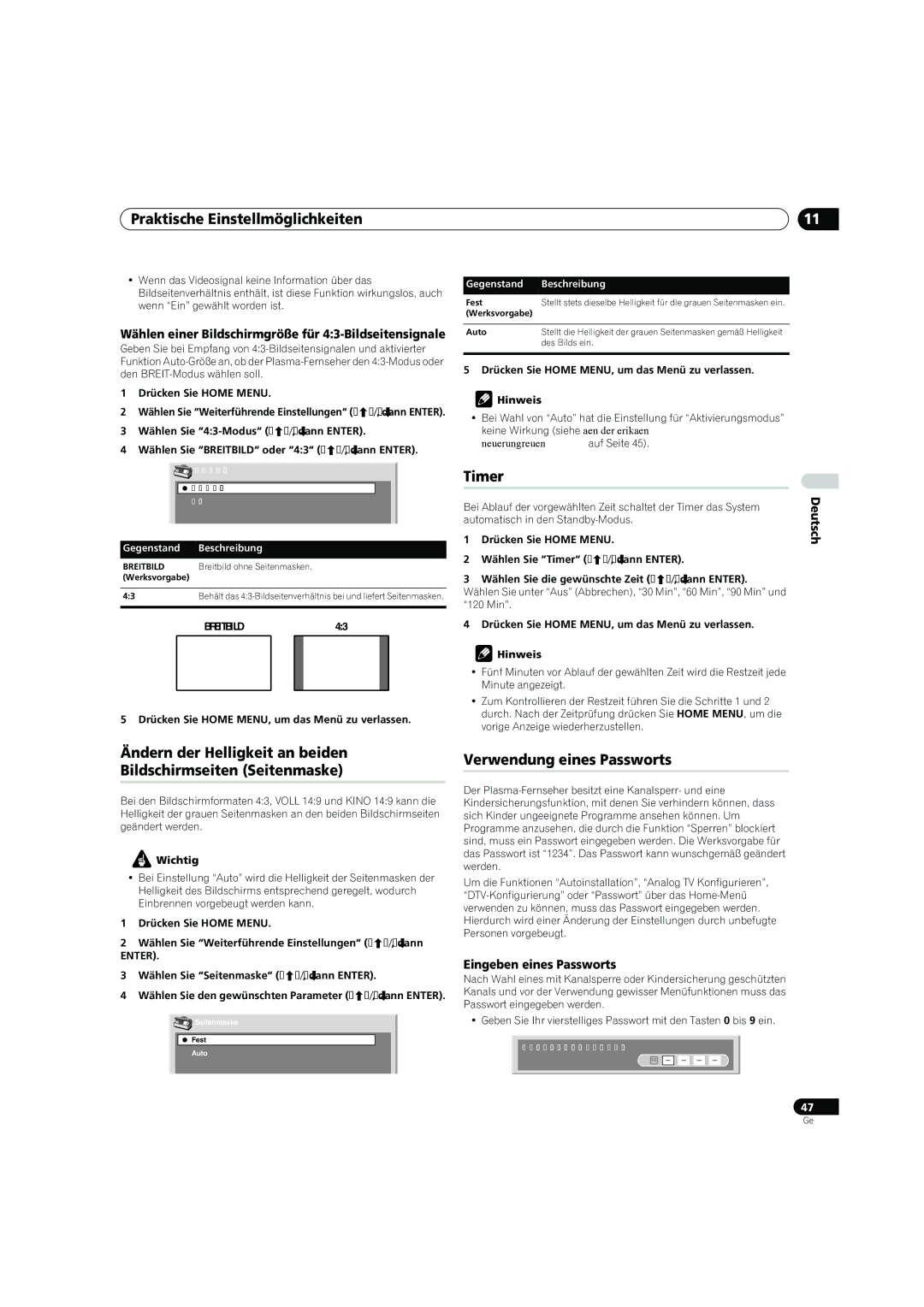 Pioneer PDP-4270XD manual Timer, Verwendung eines Passworts, Wählen einer Bildschirmgröße für 43-Bildseitensignale 