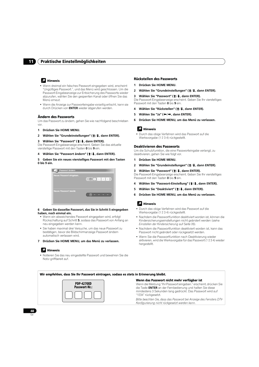 Pioneer PDP-4270XD manual Ändern des Passworts, Rückstellen des Passworts, Deaktivieren des Passworts 