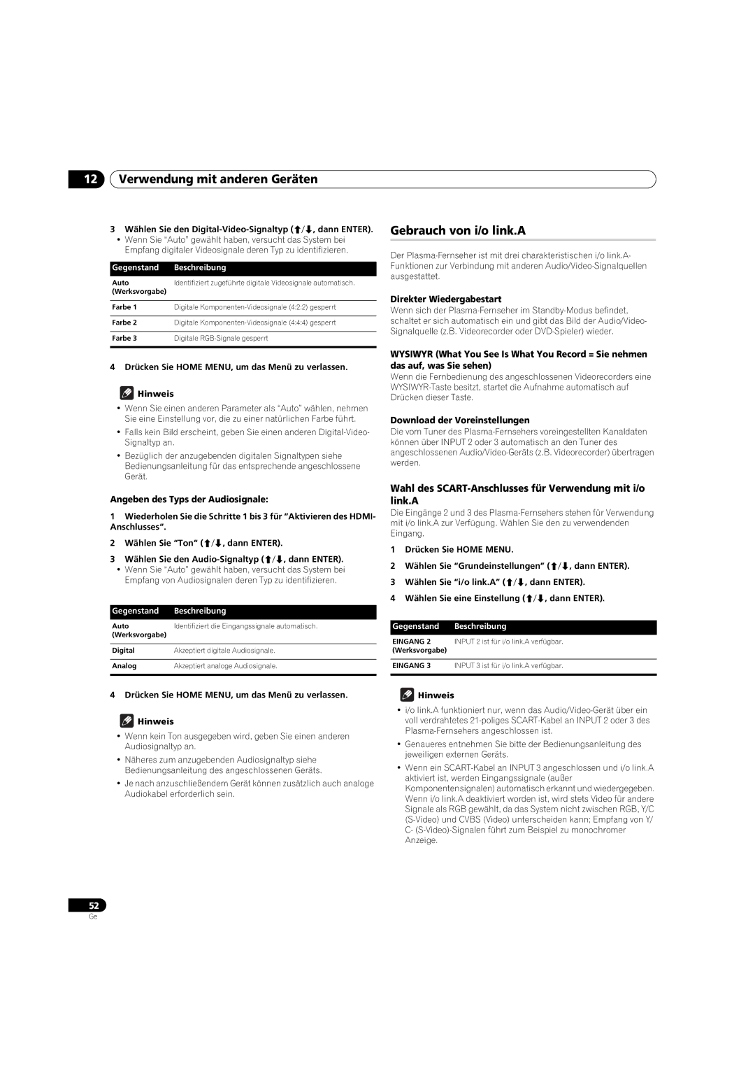 Pioneer PDP-4270XD manual Gebrauch von i/o link.A, Wahl des SCART-Anschlusses für Verwendung mit i/o link.A 