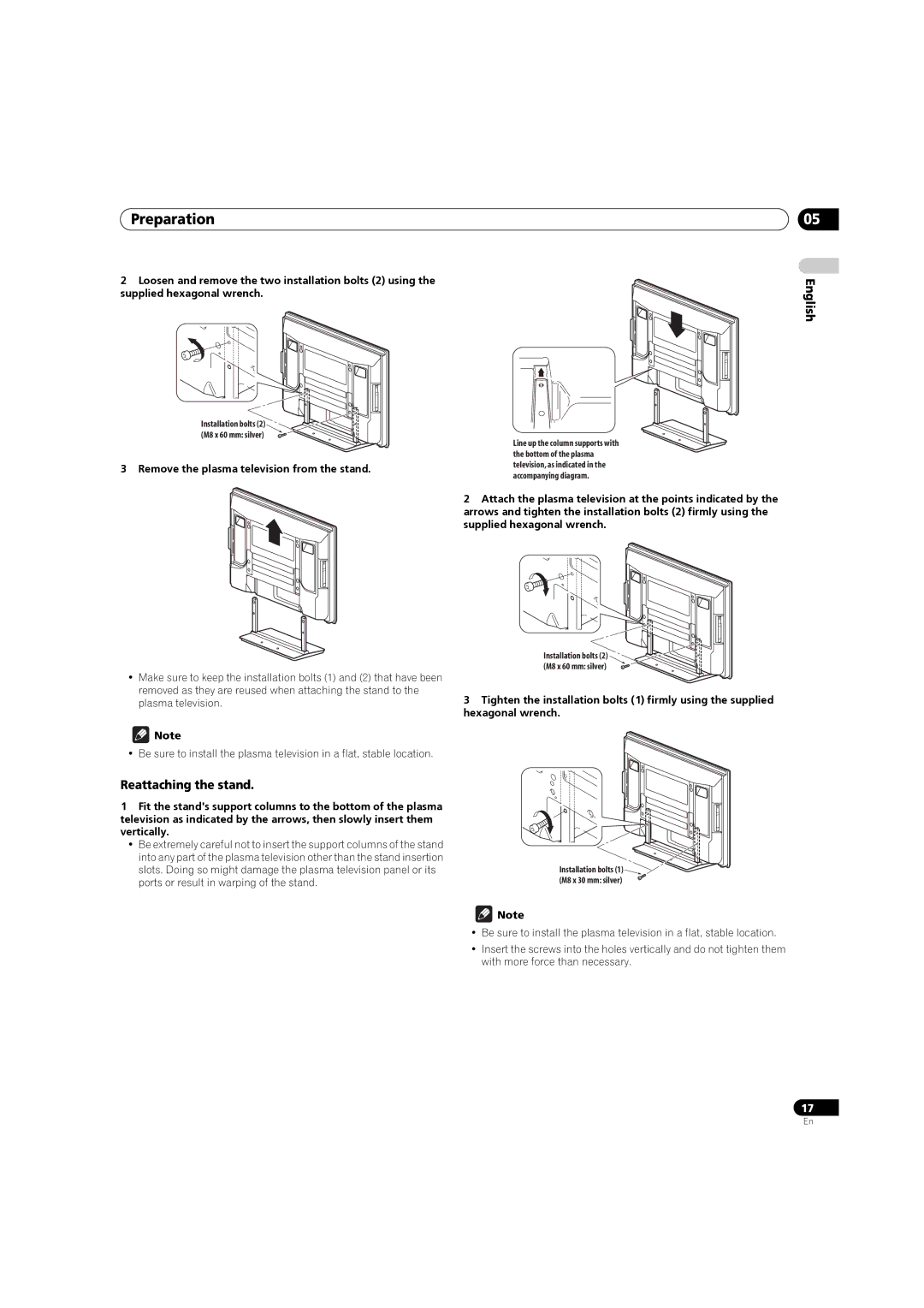 Pioneer PDP-4270XD manual Preparation, Reattaching the stand, Remove the plasma television from the stand 