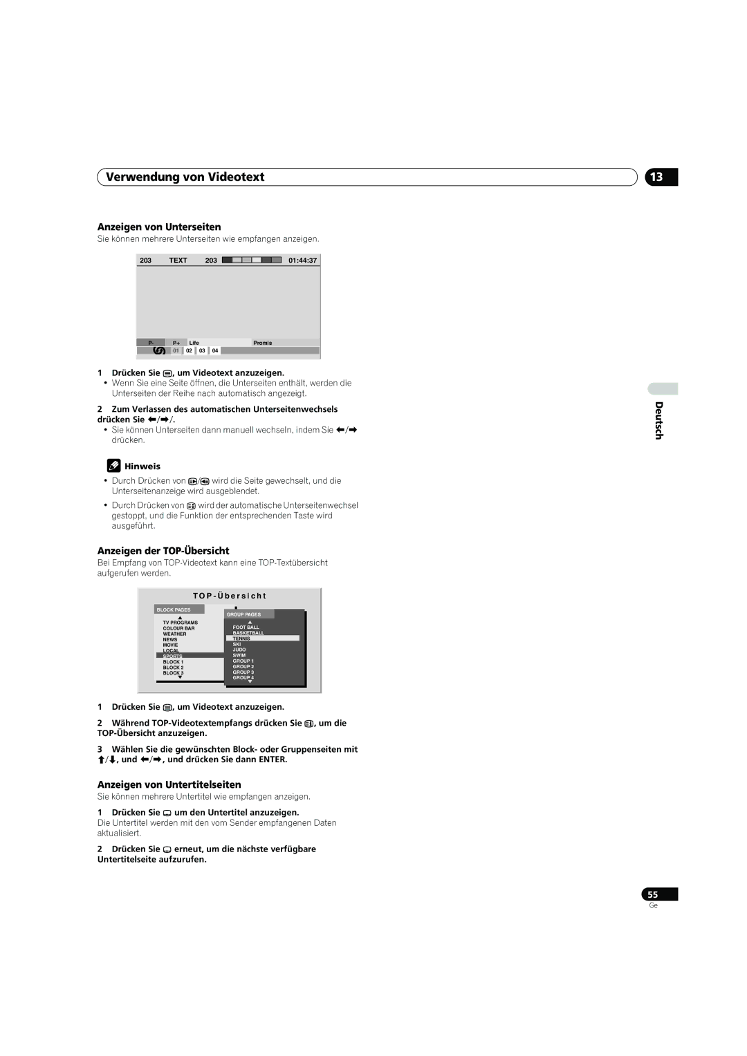 Pioneer PDP-4270XD manual Verwendung von Videotext, Anzeigen von Unterseiten, Anzeigen der TOP-Übersicht 