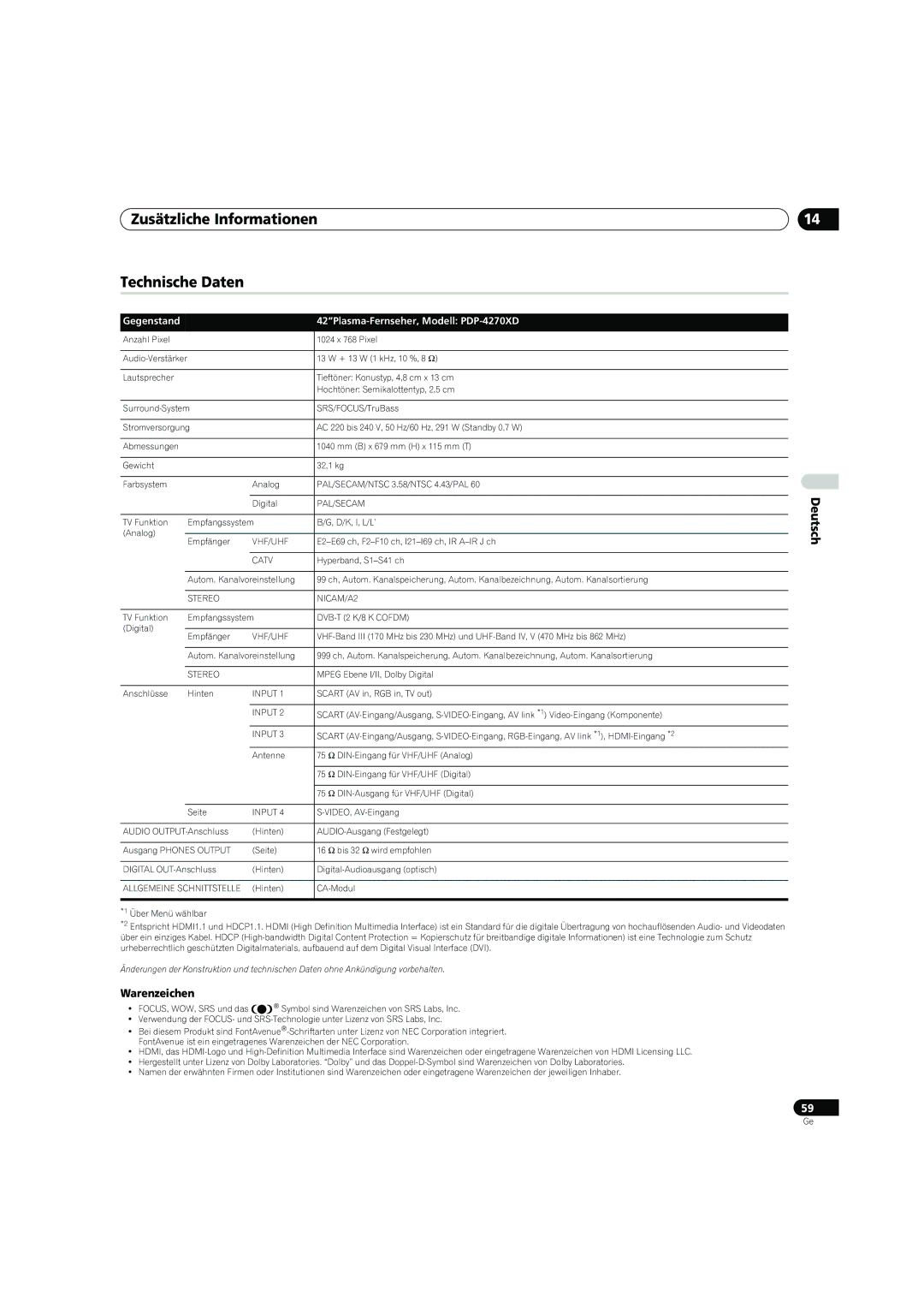 Pioneer PDP-4270XD manual Zusätzliche Informationen Technische Daten, Warenzeichen 