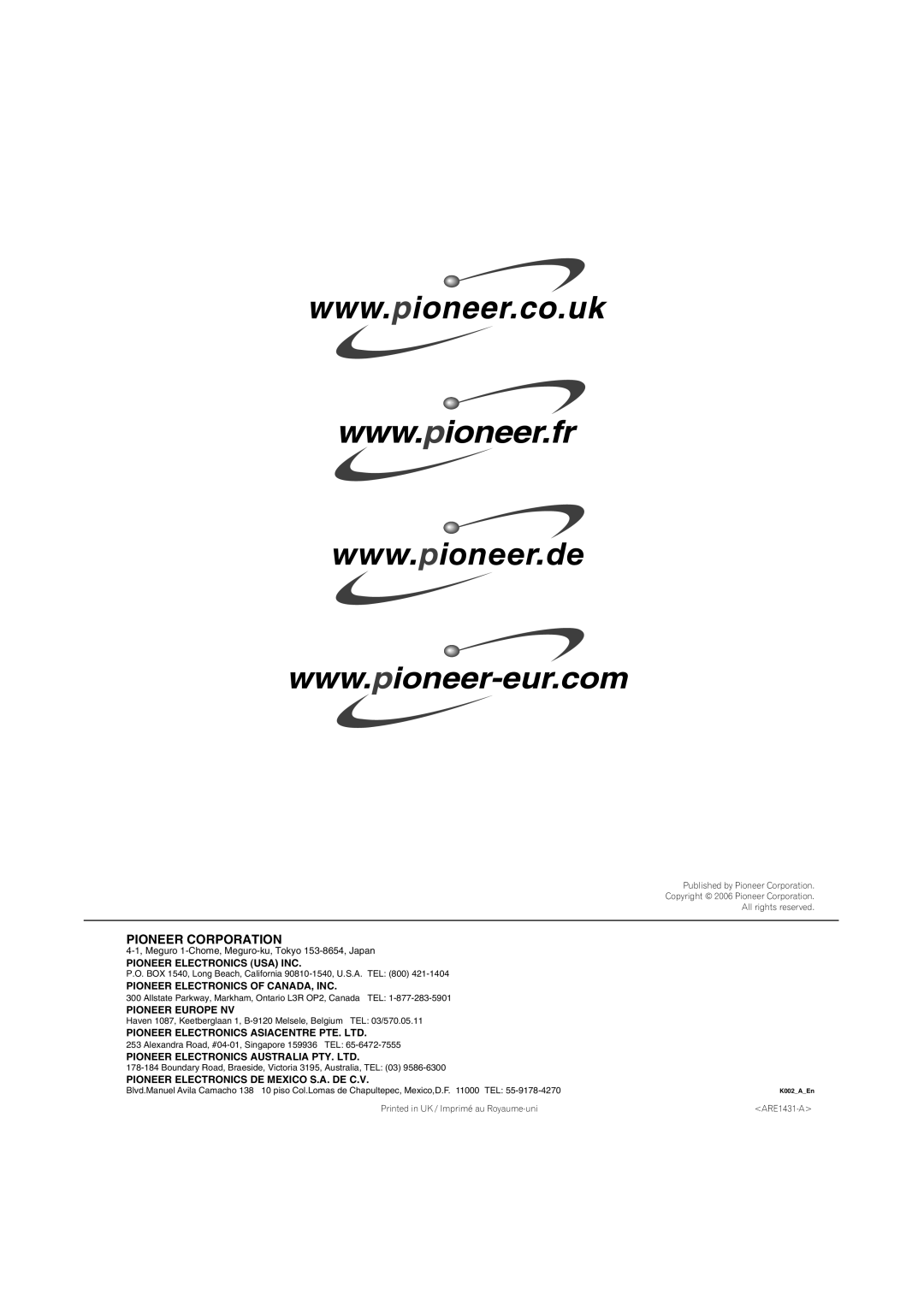 Pioneer PDP-4270XD manual Pioneer Corporation 