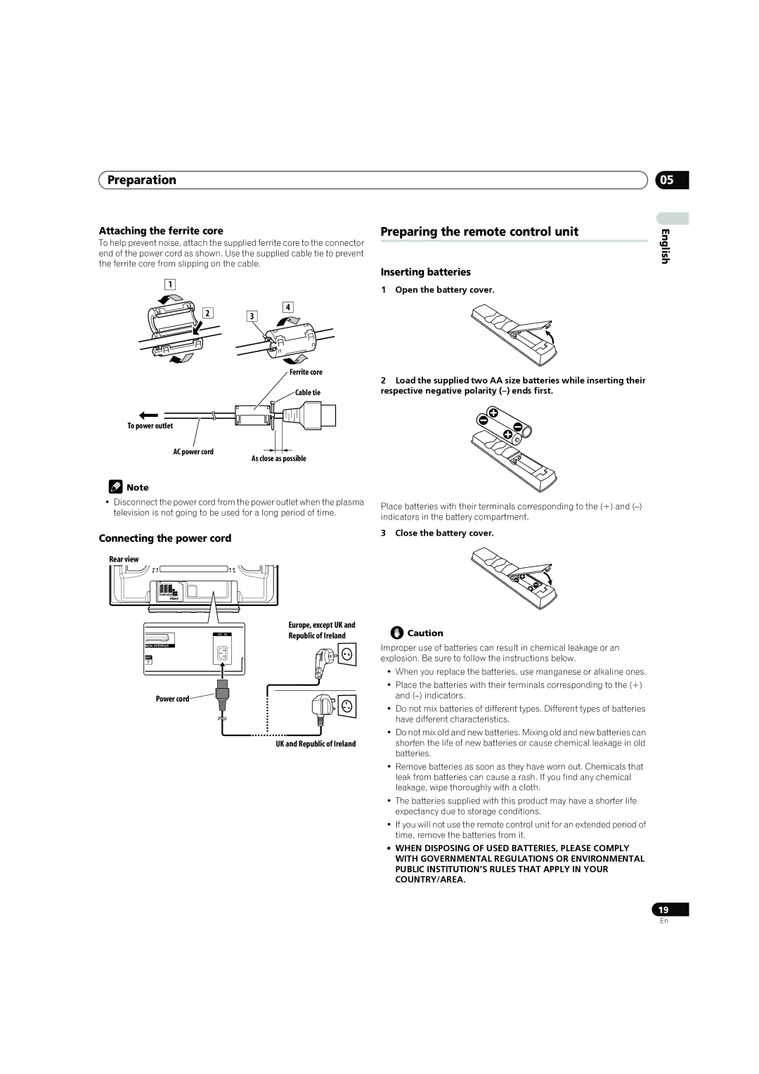 Pioneer PDP-4270XD manual Preparing the remote control unit, Attaching the ferrite core, Inserting batteries 