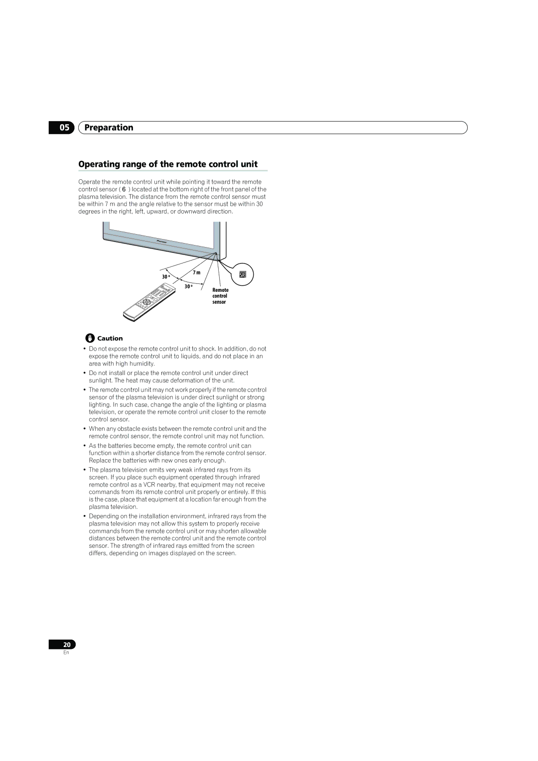 Pioneer PDP-4270XD manual Preparation Operating range of the remote control unit, 30 º 