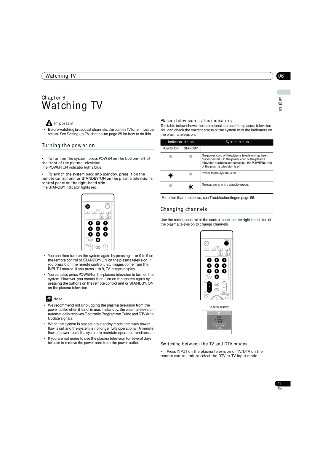 Pioneer PDP-4270XD manual Watching TV Chapter, Turning the power on, Changing channels 