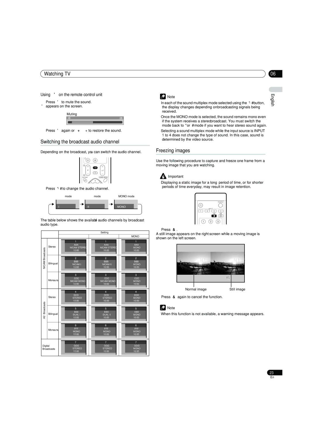 Pioneer PDP-4270XD manual Switching the broadcast audio channel, Freezing images, Using eon the remote control unit 