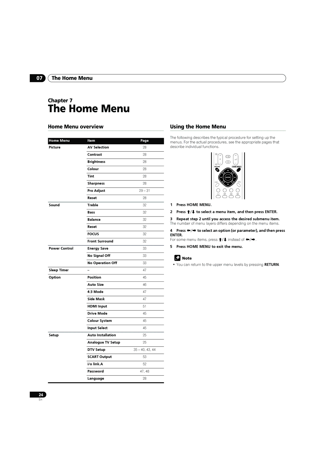 Pioneer PDP-4270XD manual Home Menu Chapter, Home Menu overview, Using the Home Menu 