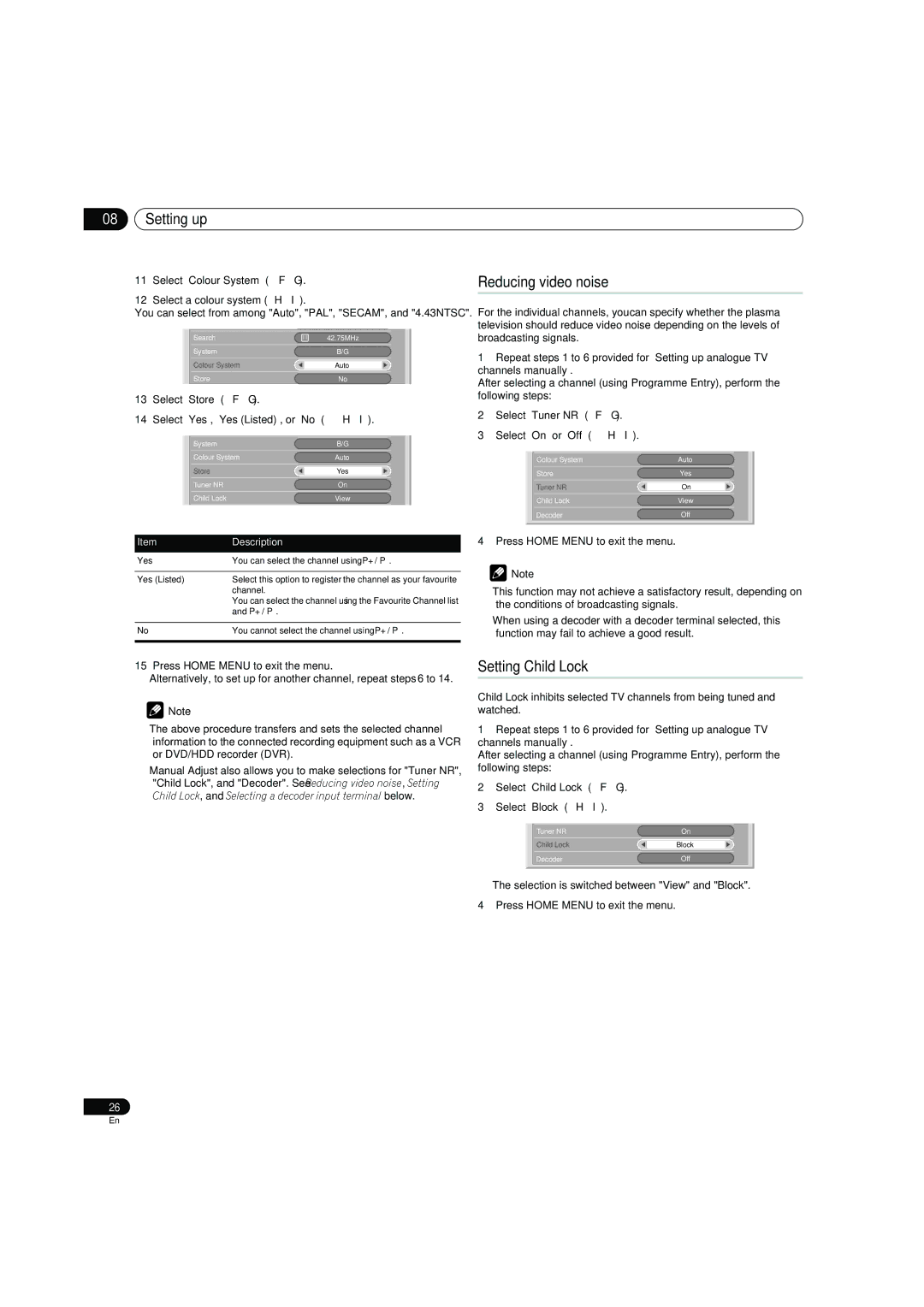 Pioneer PDP-4270XD manual Setting up, Reducing video noise, Setting Child Lock, Description 