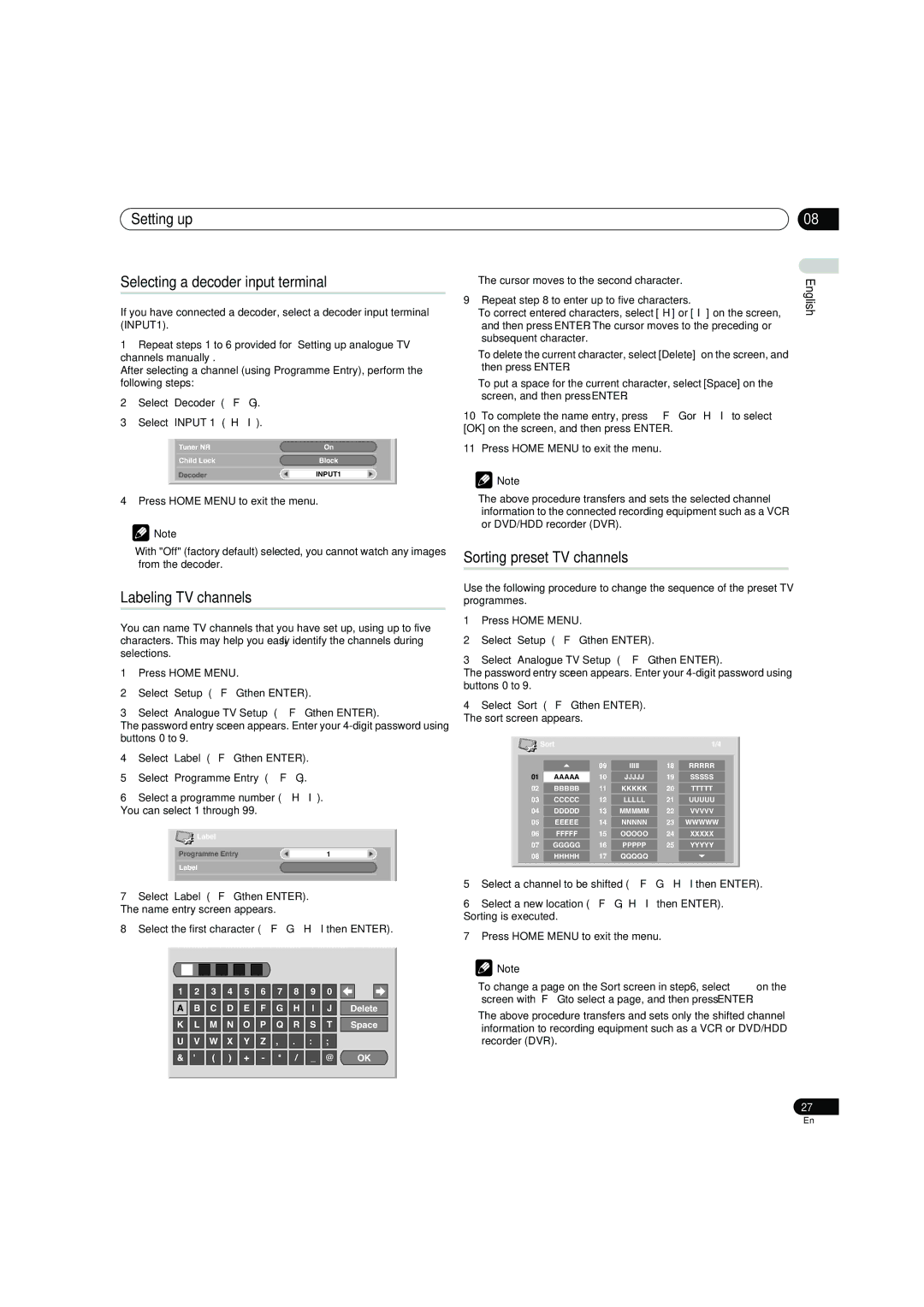 Pioneer PDP-4270XD manual Setting up Selecting a decoder input terminal, Labeling TV channels, Sorting preset TV channels 