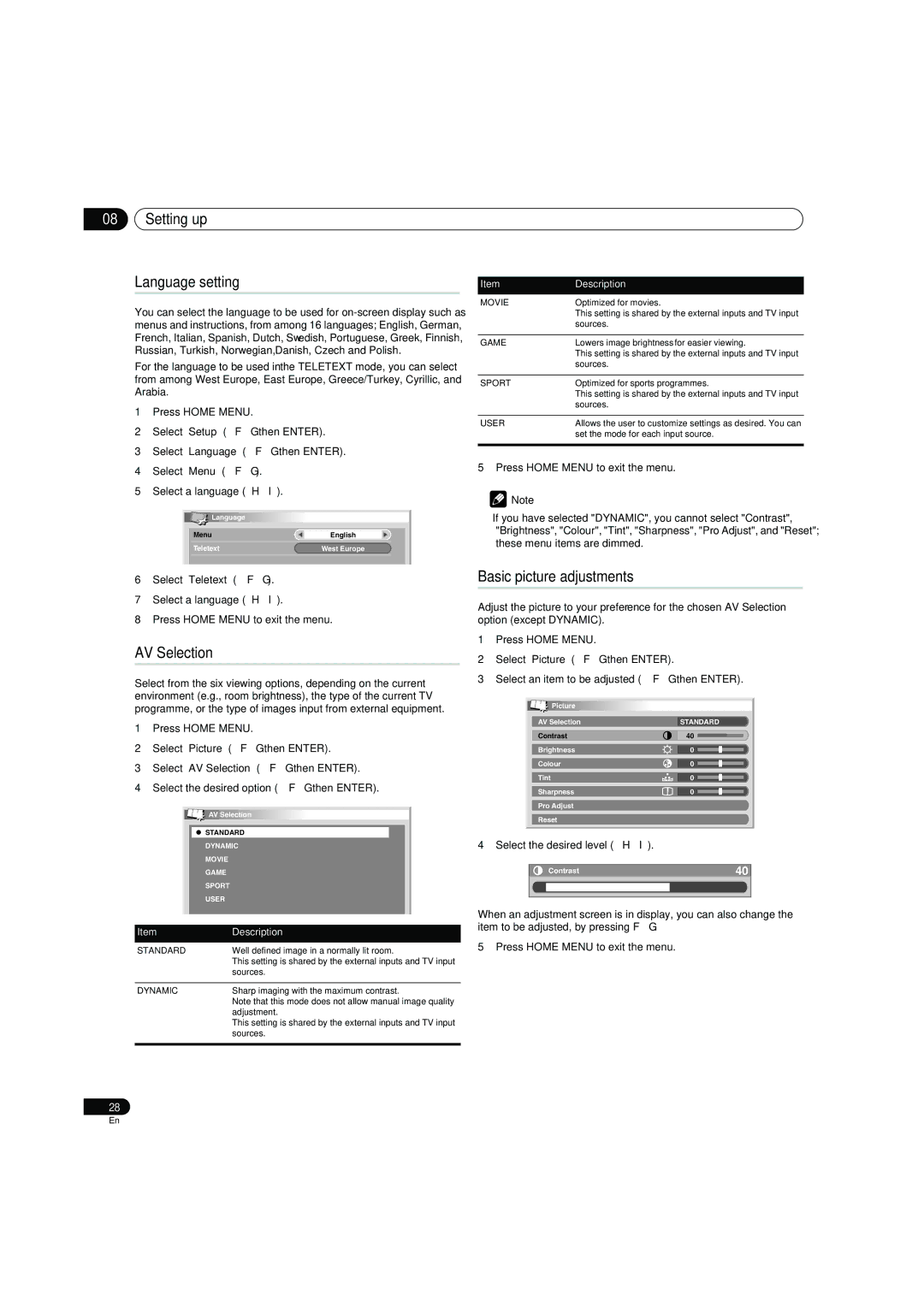 Pioneer PDP-4270XD Setting up Language setting, AV Selection, Basic picture adjustments, Select the desired level / 