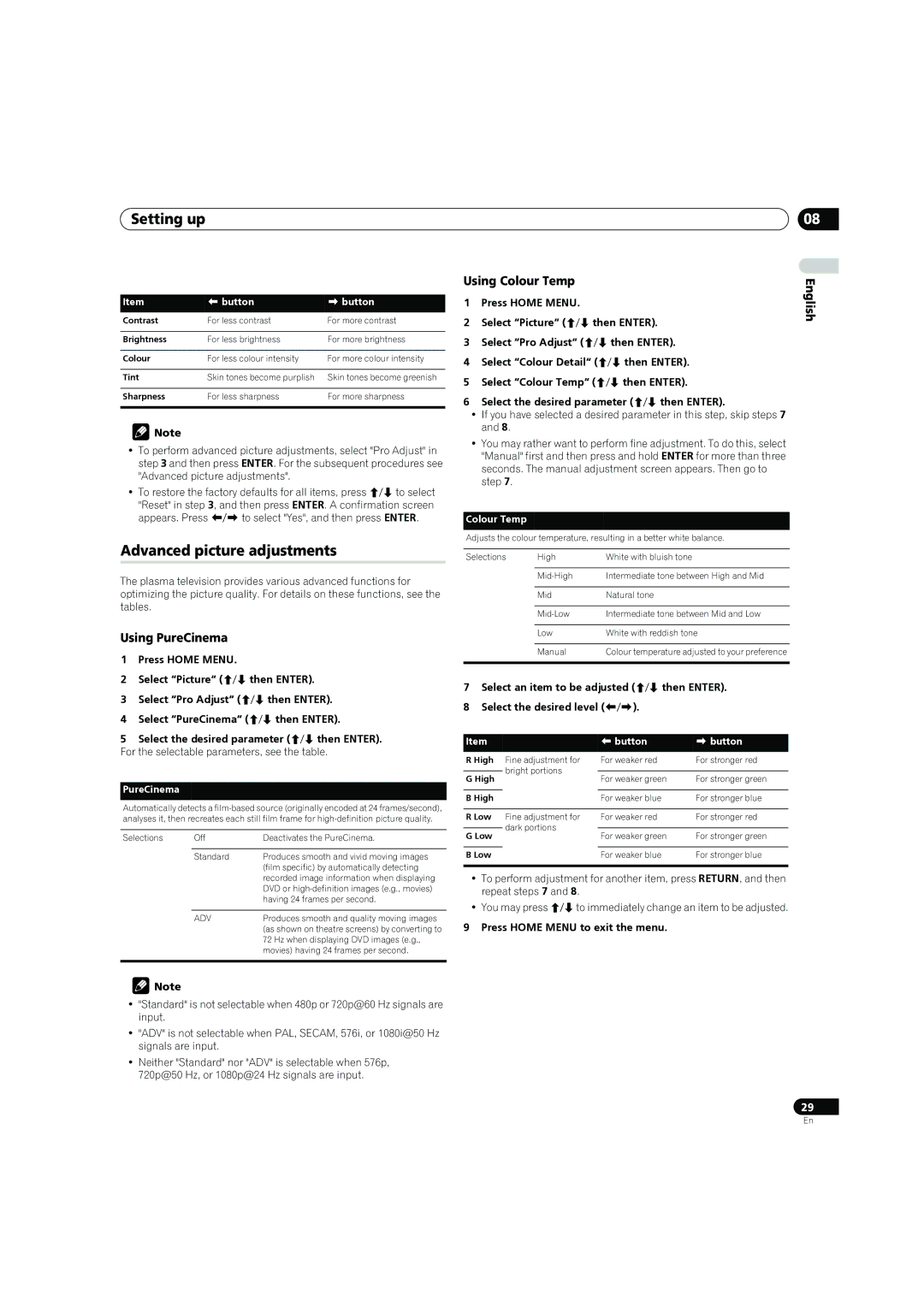 Pioneer PDP-4270XD manual Advanced picture adjustments, Using PureCinema, Using Colour Temp 