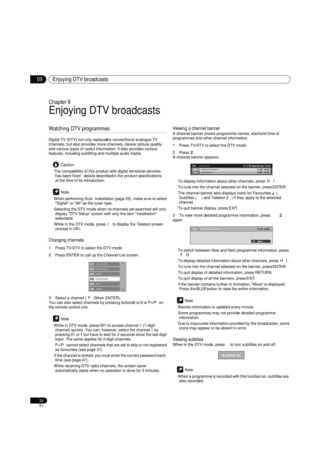 Pioneer PDP-4270XD manual Enjoying DTV broadcasts Chapter, Watching DTV programmes 