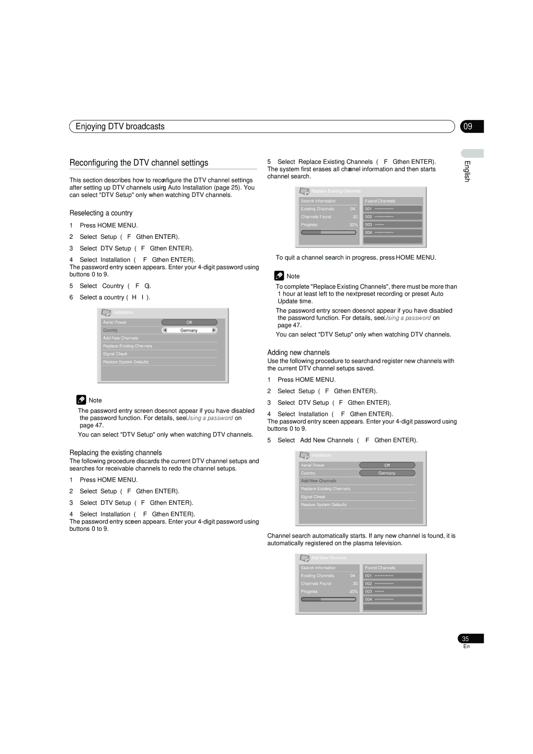 Pioneer PDP-4270XD manual Reselecting a country, Replacing the existing channels, Adding new channels 