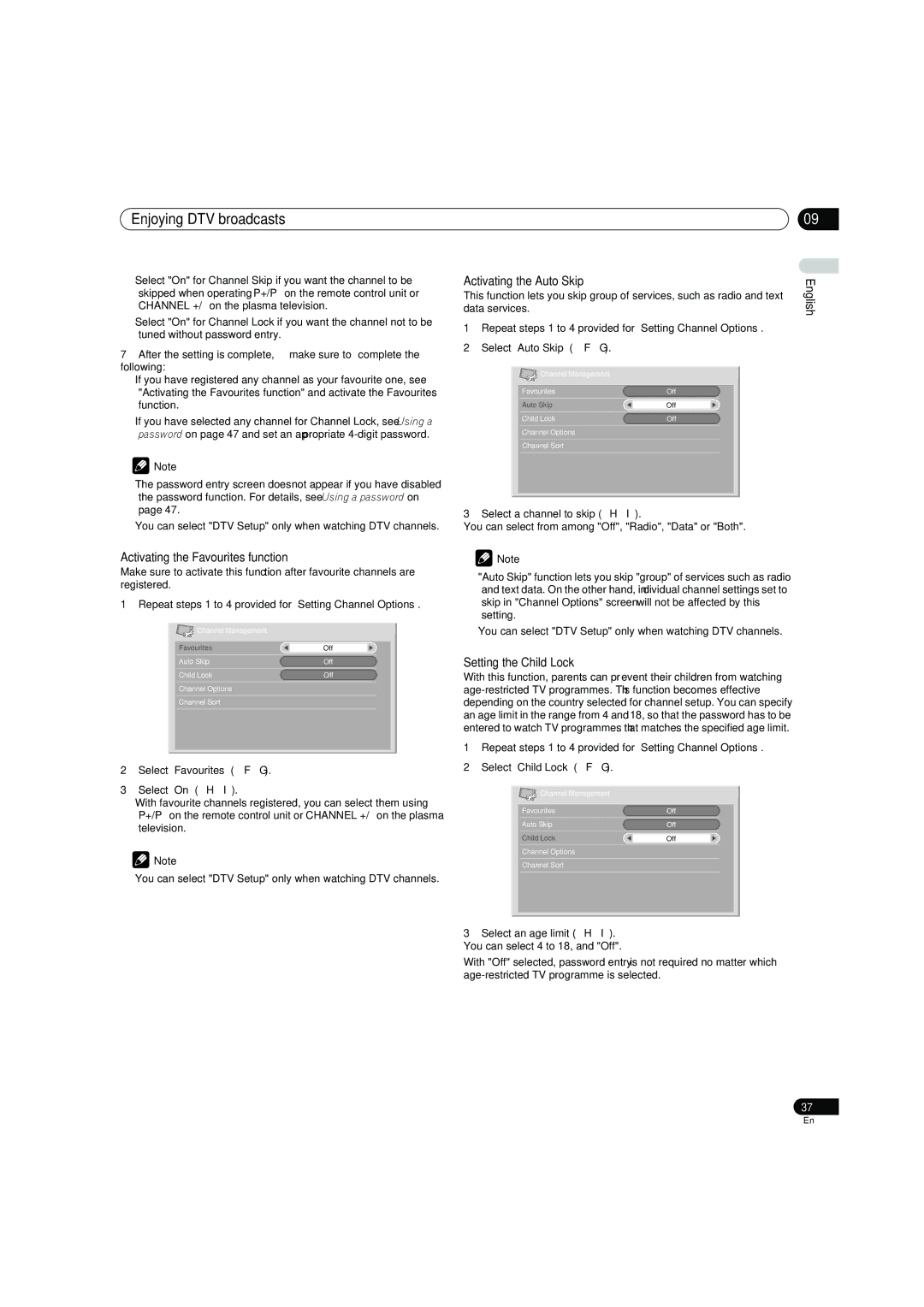 Pioneer PDP-4270XD manual Activating the Favourites function, Setting the Child Lock 