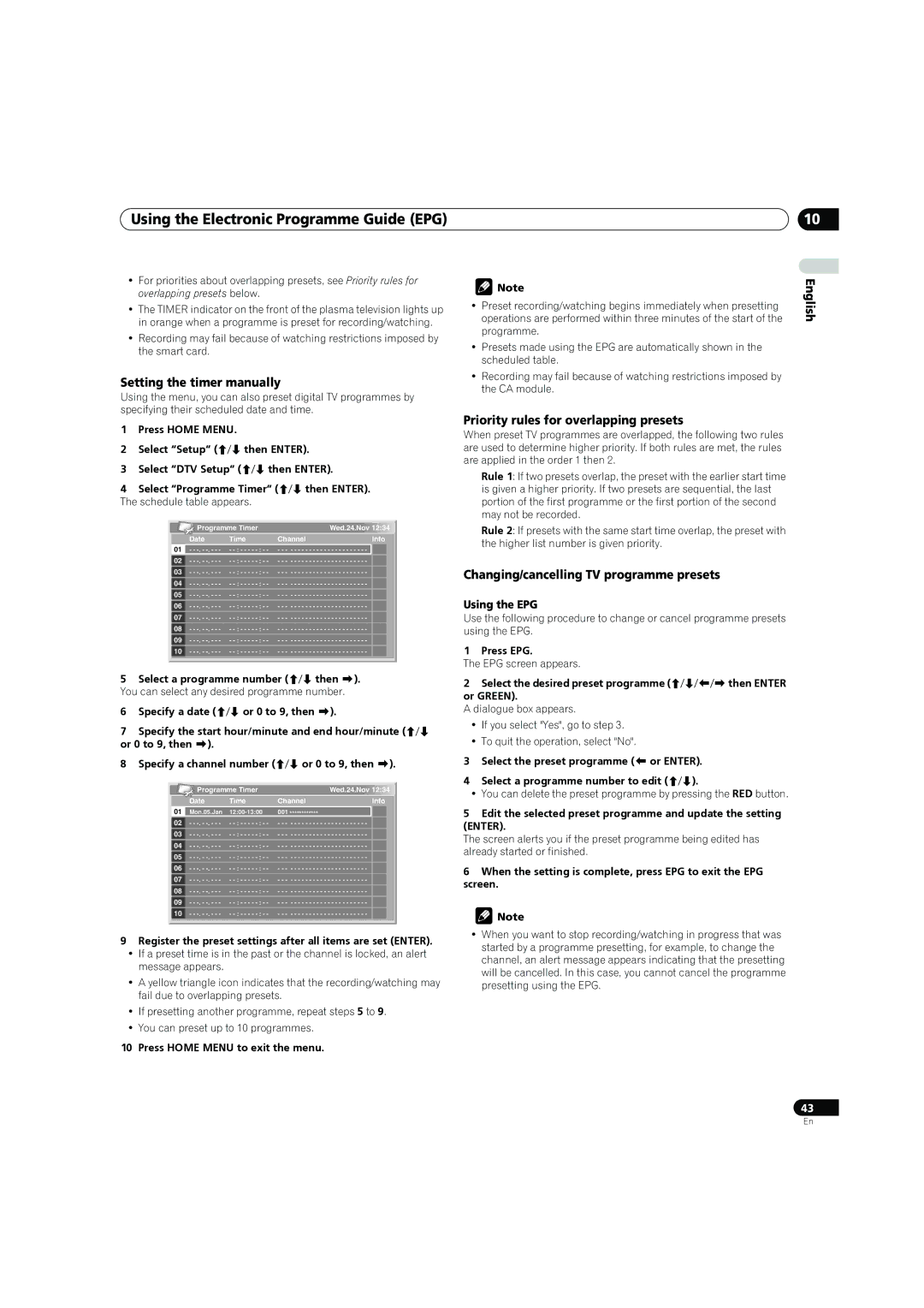 Pioneer PDP-4270XD Setting the timer manually, Priority rules for overlapping presets, Using the EPG 