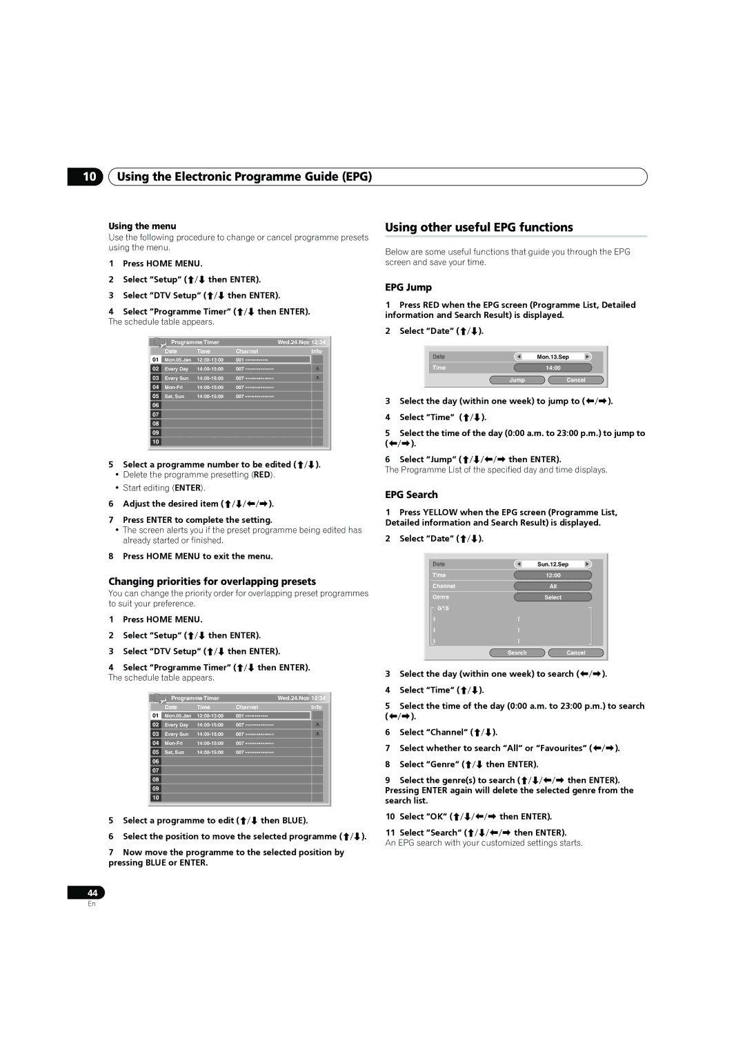 Pioneer PDP-4270XD Using other useful EPG functions, Changing priorities for overlapping presets, EPG Jump, EPG Search 