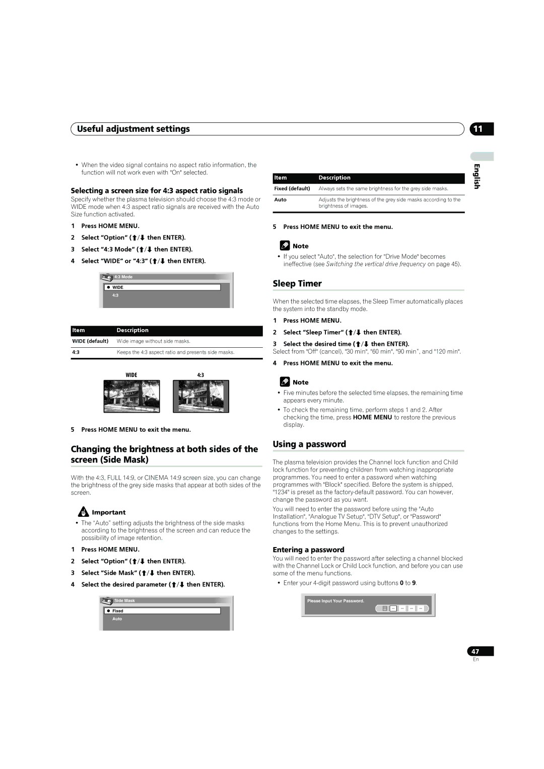 Pioneer PDP-4270XD Sleep Timer, Using a password, Selecting a screen size for 43 aspect ratio signals, Entering a password 