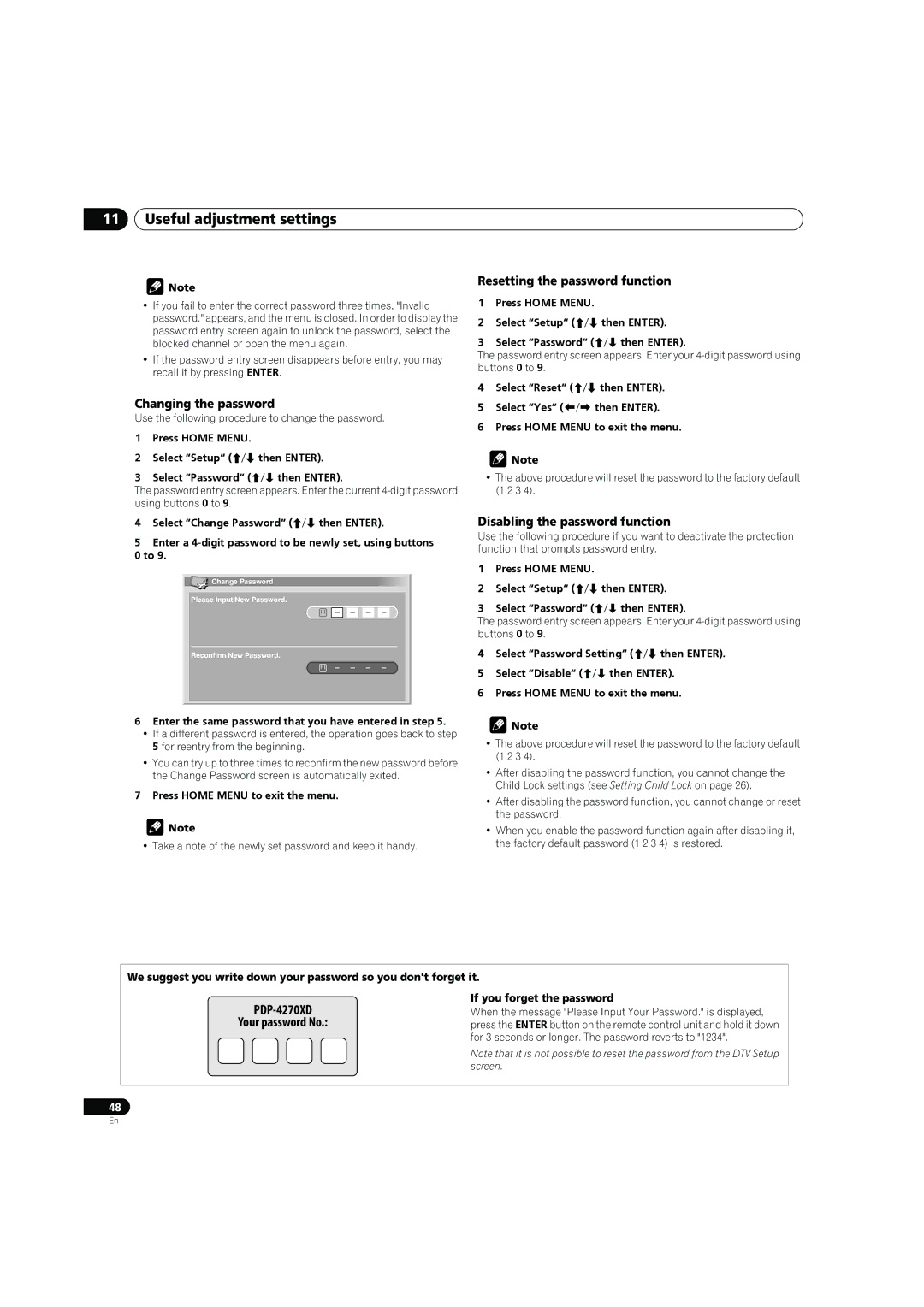 Pioneer PDP-4270XD manual Changing the password, Resetting the password function, Disabling the password function 