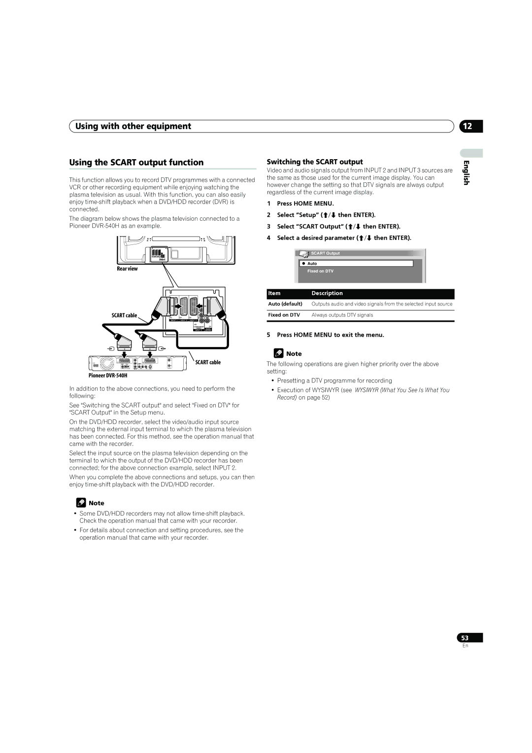 Pioneer PDP-4270XD manual Using with other equipment Using the Scart output function, Switching the Scart output 