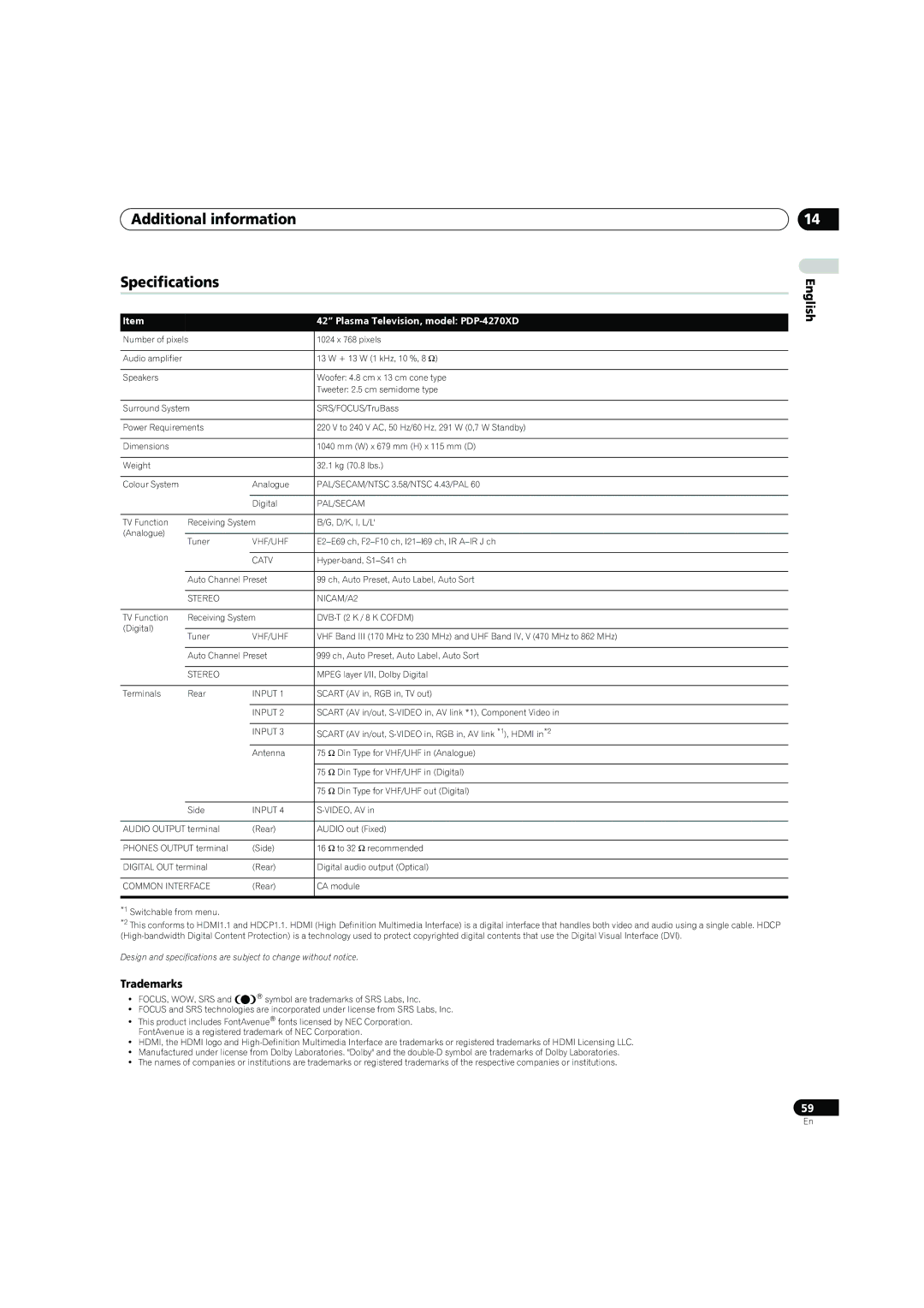 Pioneer manual Additional information Specifications, Trademarks, Plasma Television, model PDP-4270XD 