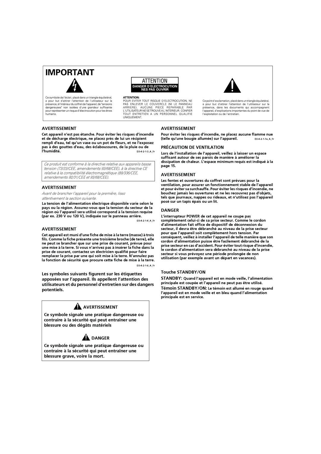 Pioneer PDP-4270XD manual Avertissement, Touche STANDBY/ON 