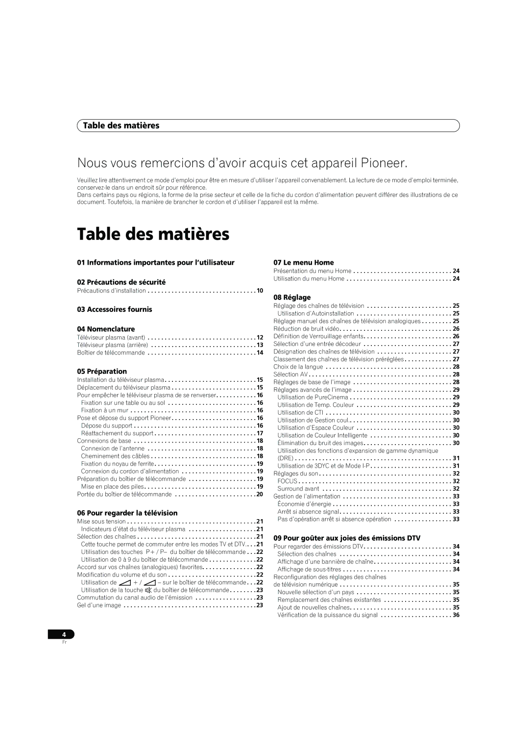 Pioneer PDP-4270XD manual Table des matières 