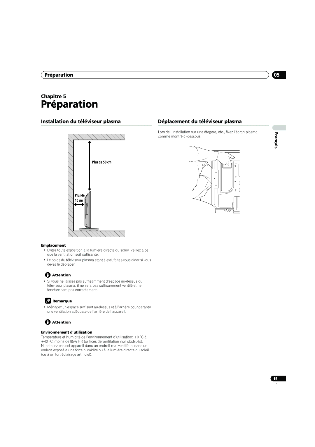 Pioneer PDP-4270XD manual Préparation Chapitre, Plus de 50 cm, Emplacement, Environnement d’utilisation 