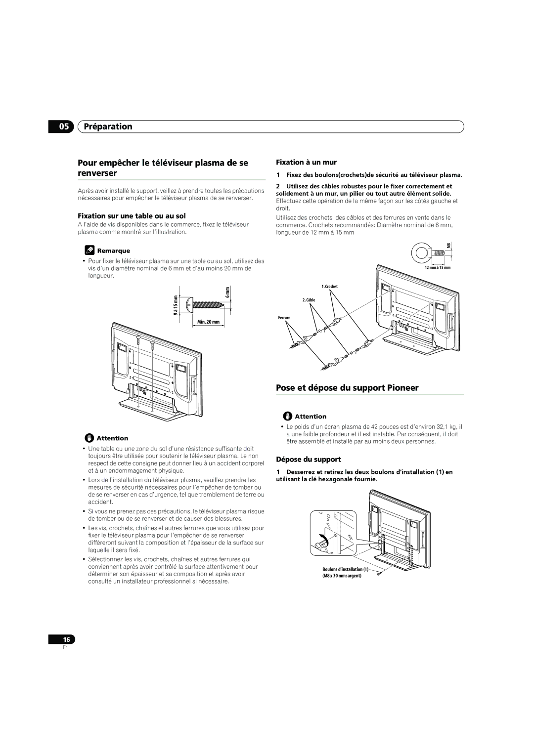 Pioneer PDP-4270XD manual Pose et dépose du support Pioneer, Fixation sur une table ou au sol, Fixation à un mur 