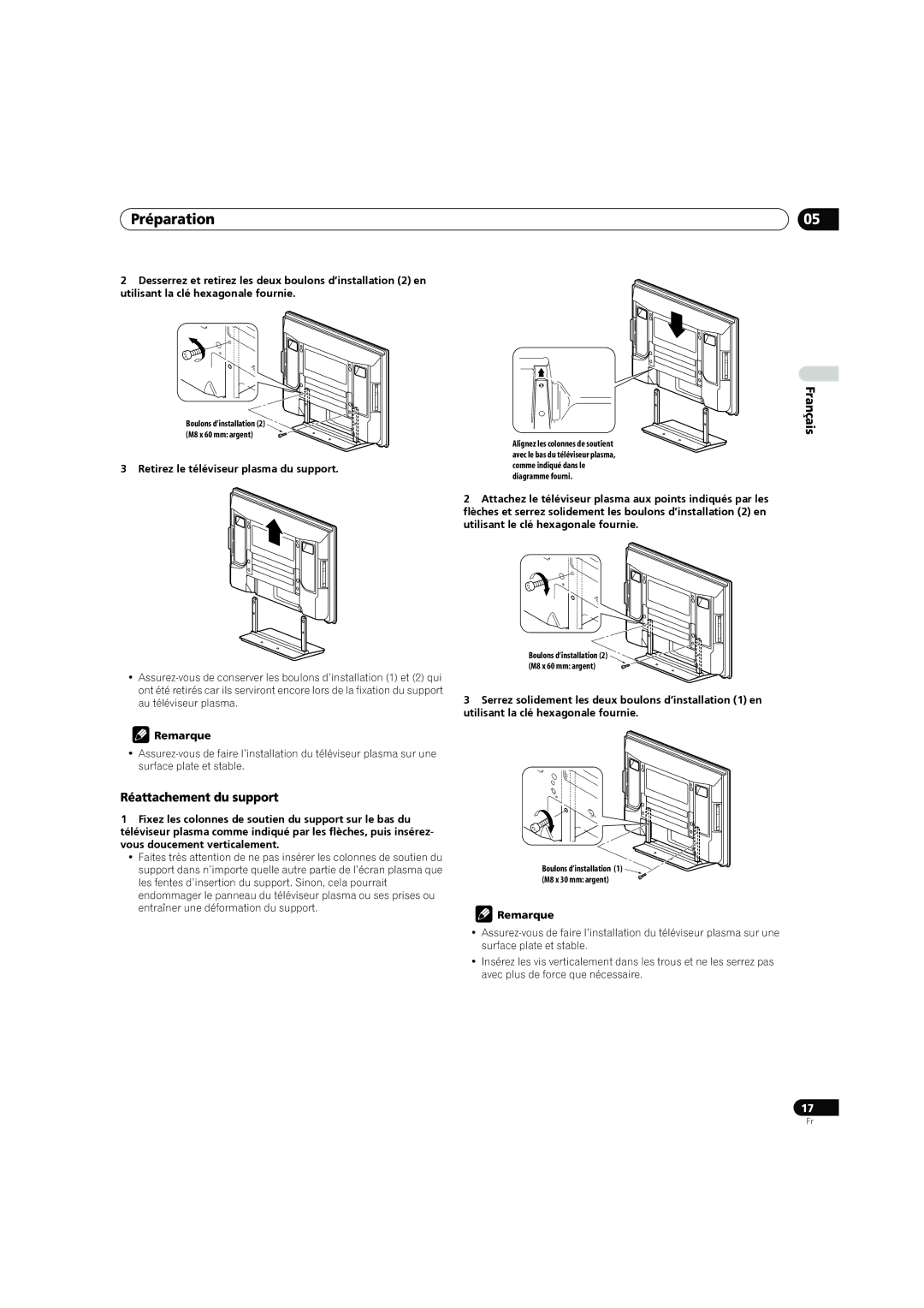 Pioneer PDP-4270XD manual Préparation, Réattachement du support, Retirez le téléviseur plasma du support 