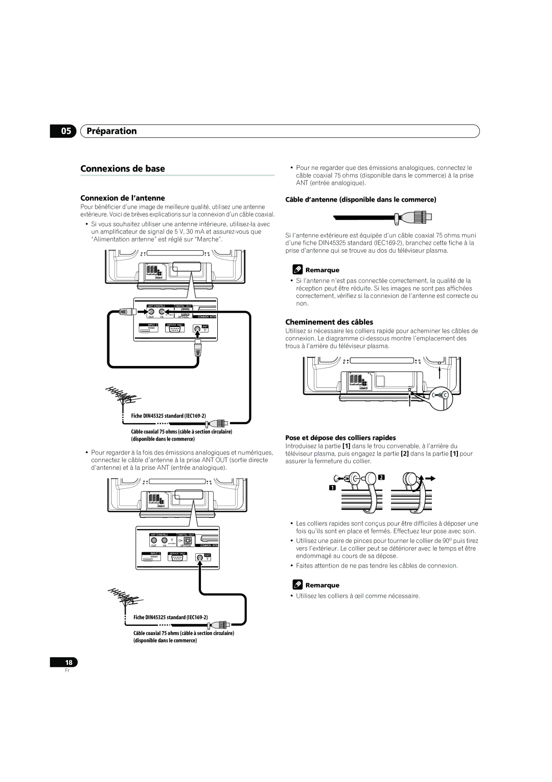 Pioneer PDP-4270XD manual 05 Préparation Connexions de base, Connexion de l’antenne, Cheminement des câbles 