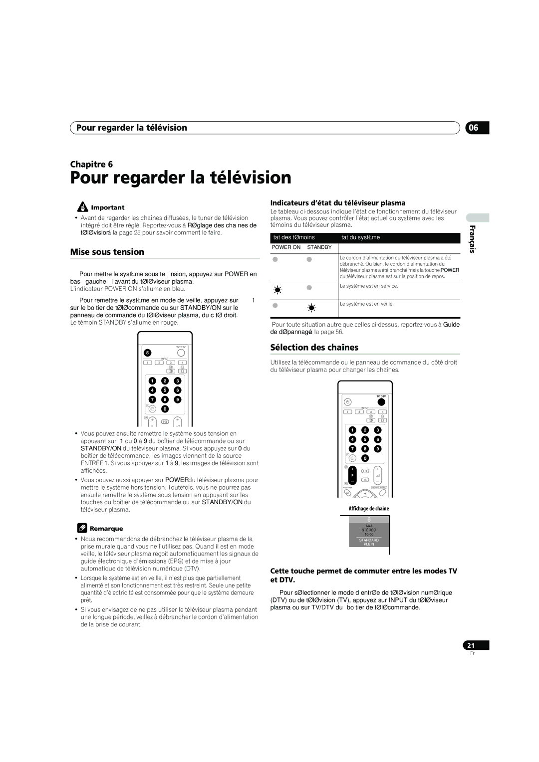 Pioneer PDP-4270XD manual Pour regarder la télévision Chapitre, Mise sous tension, Sélection des chaînes 