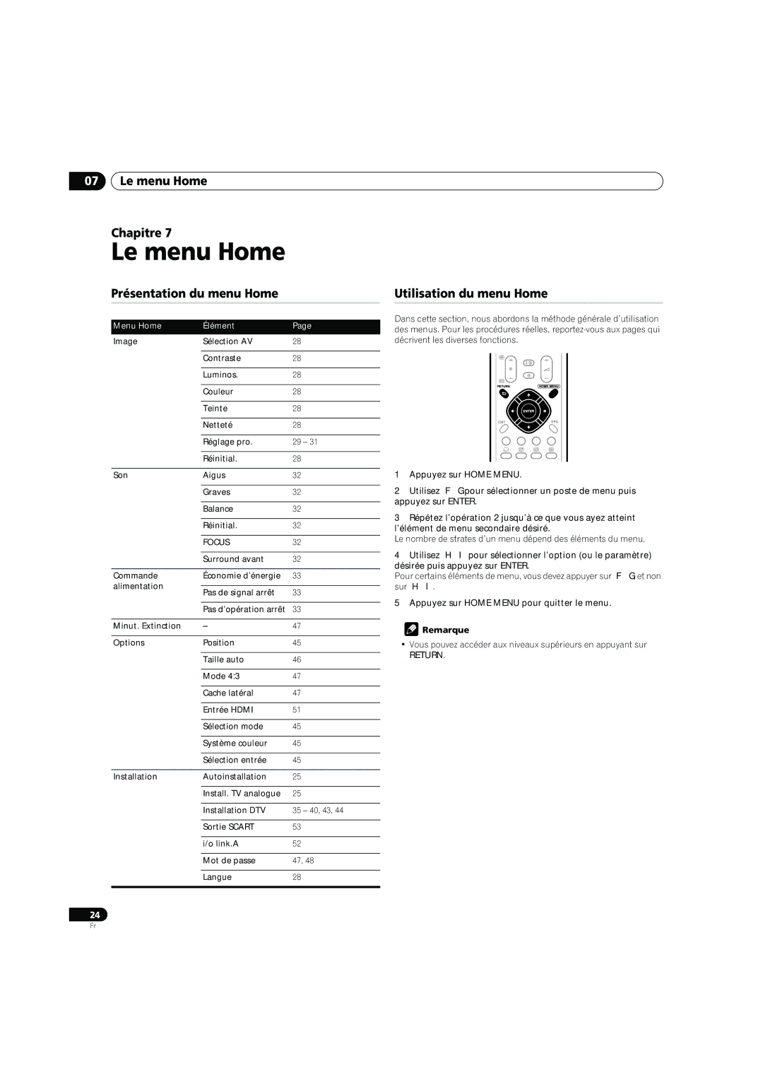 Pioneer PDP-4270XD manual Le menu Home Chapitre, Présentation du menu Home, Utilisation du menu Home, Menu Home Élément 